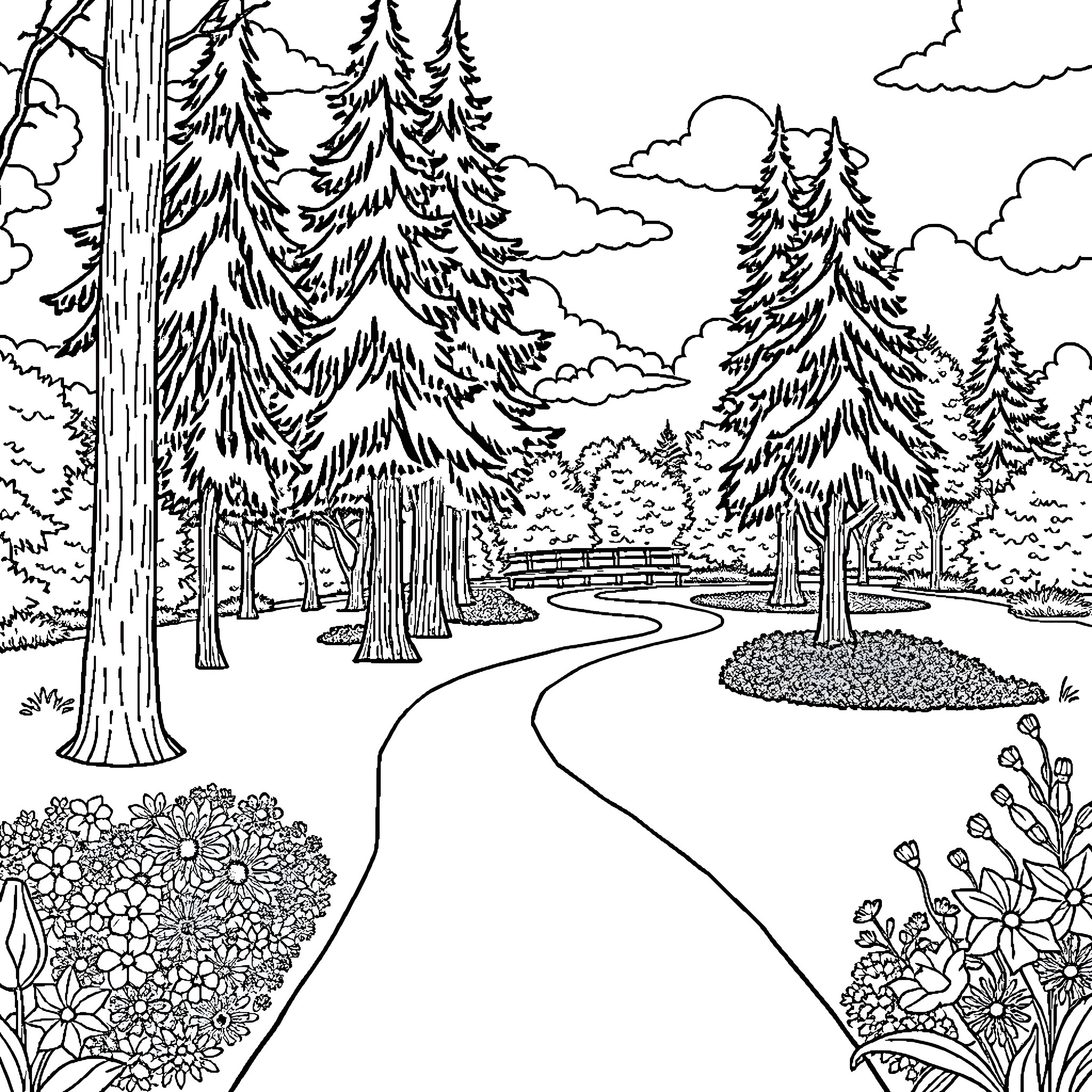 Felling Park: Tranquil Forest Pathway Coloring Page (free black-and-white line drawing printable PDF for all, from beginners to advanced learners, including children, teens, adults, and seniors)