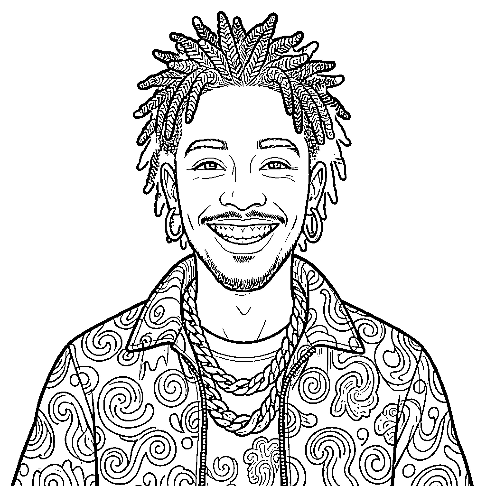 Tyler's Vibrant Portrayal: Smiling and Adorned Coloring Page (free black-and-white line drawing printable PDF for all, from beginners to advanced learners, including children, teens, adults, and seniors)