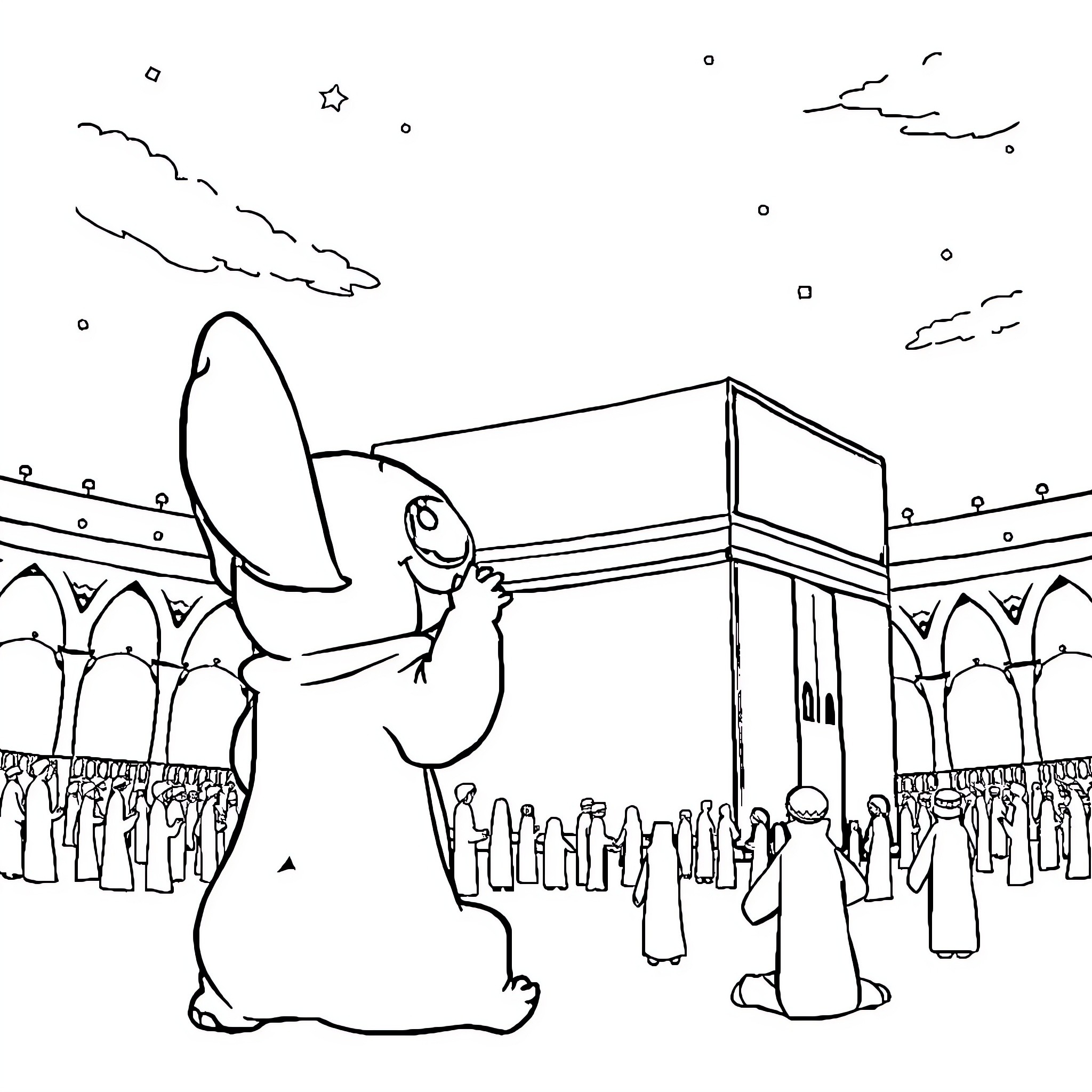 Stitch Worshipping at a Holy Site Coloring Page (free black-and-white line drawing printable PDF for all, from beginners to advanced learners, including children, teens, adults, and seniors)