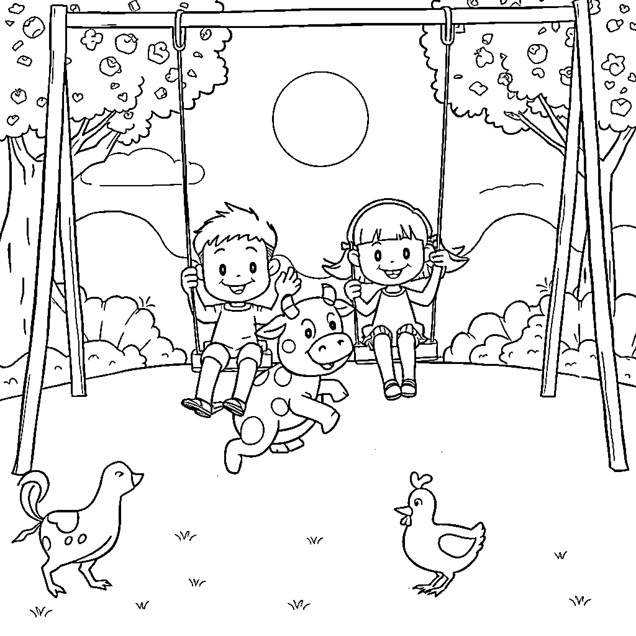Cartoon Characters Playing Happily on Swings Coloring Page (free black-and-white line drawing printable PDF for all, from beginners to advanced learners, including children, teens, adults, and seniors)