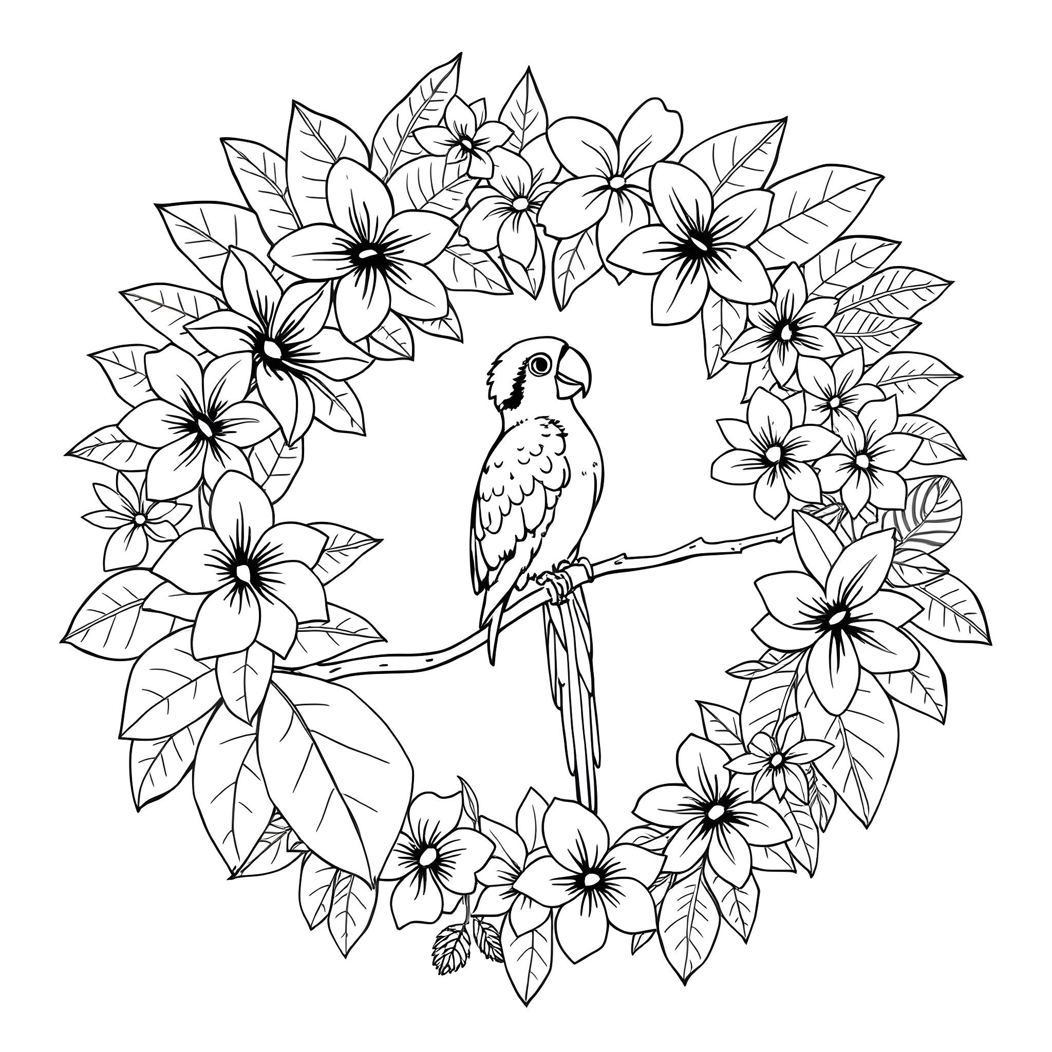 Wreath of Tropical Flowers with Parrot Coloring Page (free black-and-white line drawing printable PDF for all, from beginners to advanced learners, including children, teens, adults, and seniors)