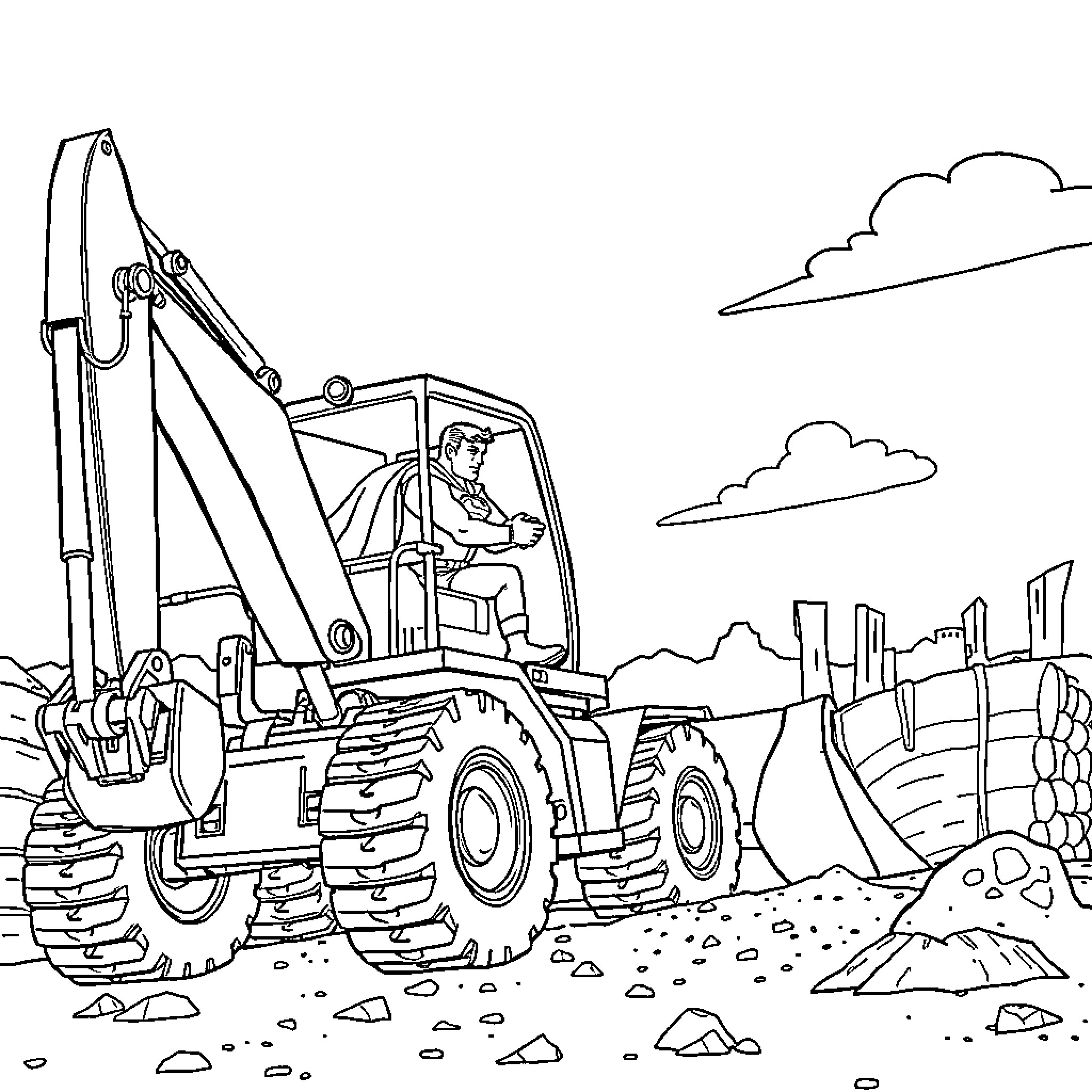 Superman operates heavy construction machinery in the city Coloring Page (free black-and-white line drawing printable PDF for all, from beginners to advanced learners, including children, teens, adults, and seniors)