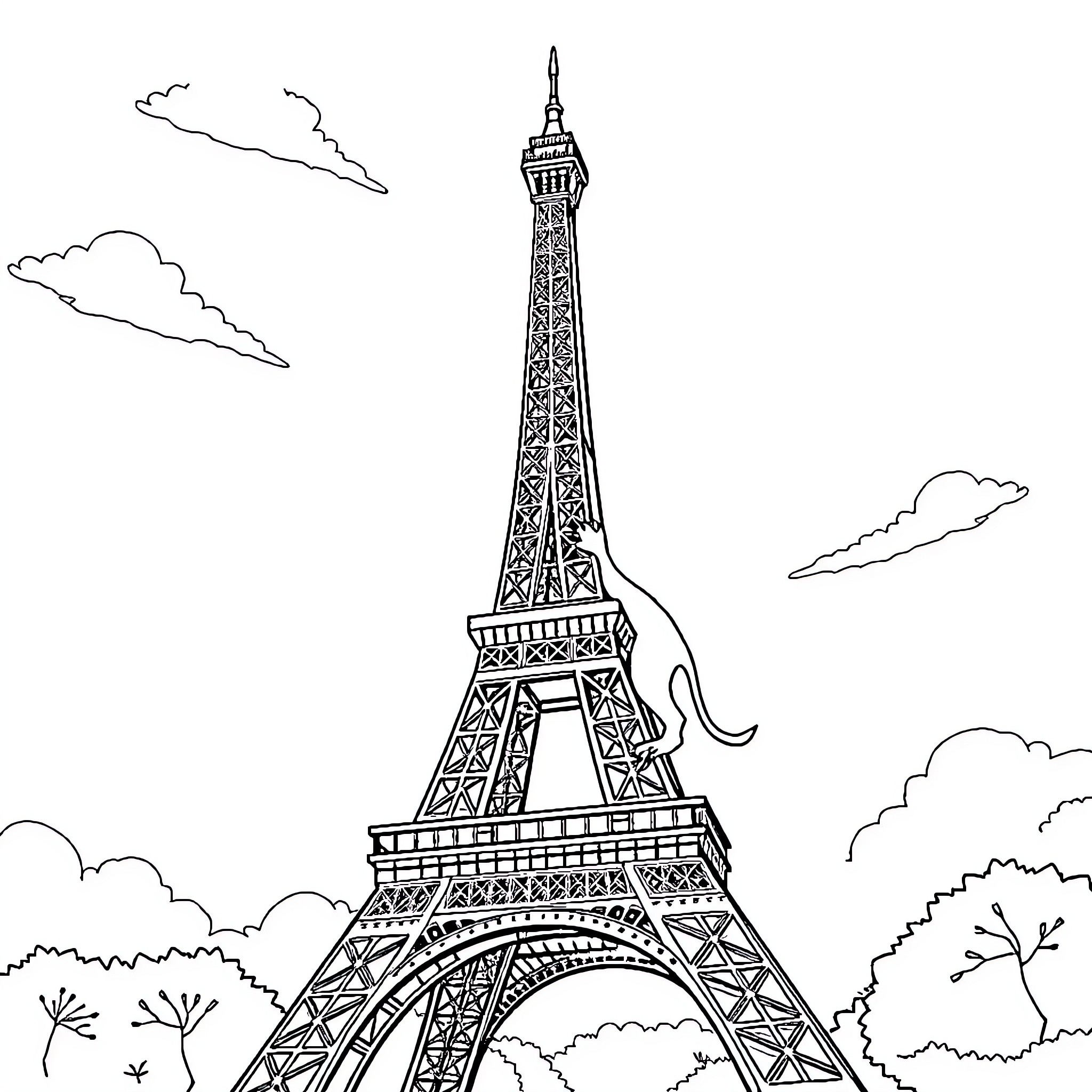 Lion Eiffel Tower in Parisian Landscape Coloring Page (free black-and-white line drawing printable PDF for all, from beginners to advanced learners, including children, teens, adults, and seniors)