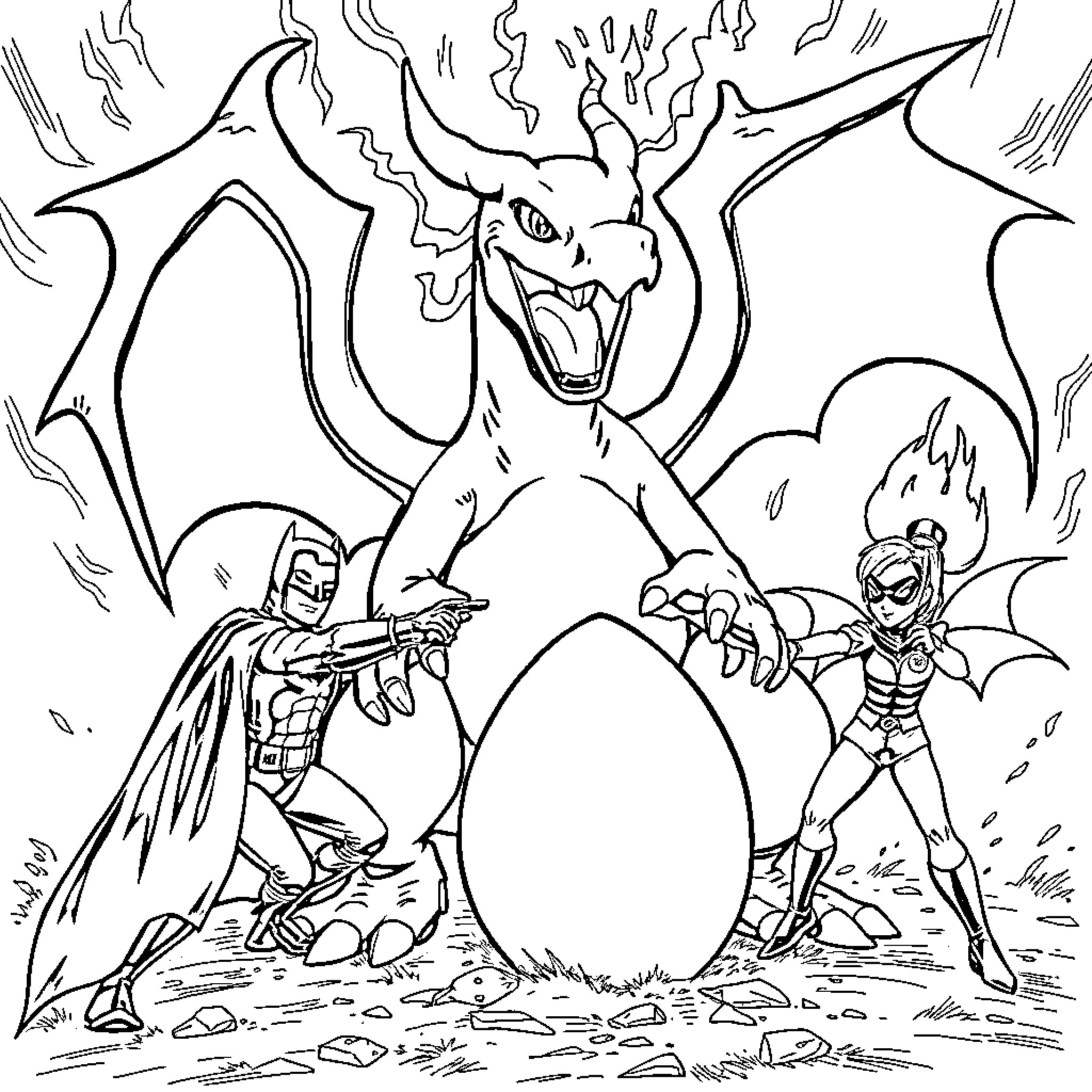 Charizard guarding a mysterious egg against heroes Coloring Page (free black-and-white line drawing printable PDF for all, from beginners to advanced learners, including children, teens, adults, and seniors)