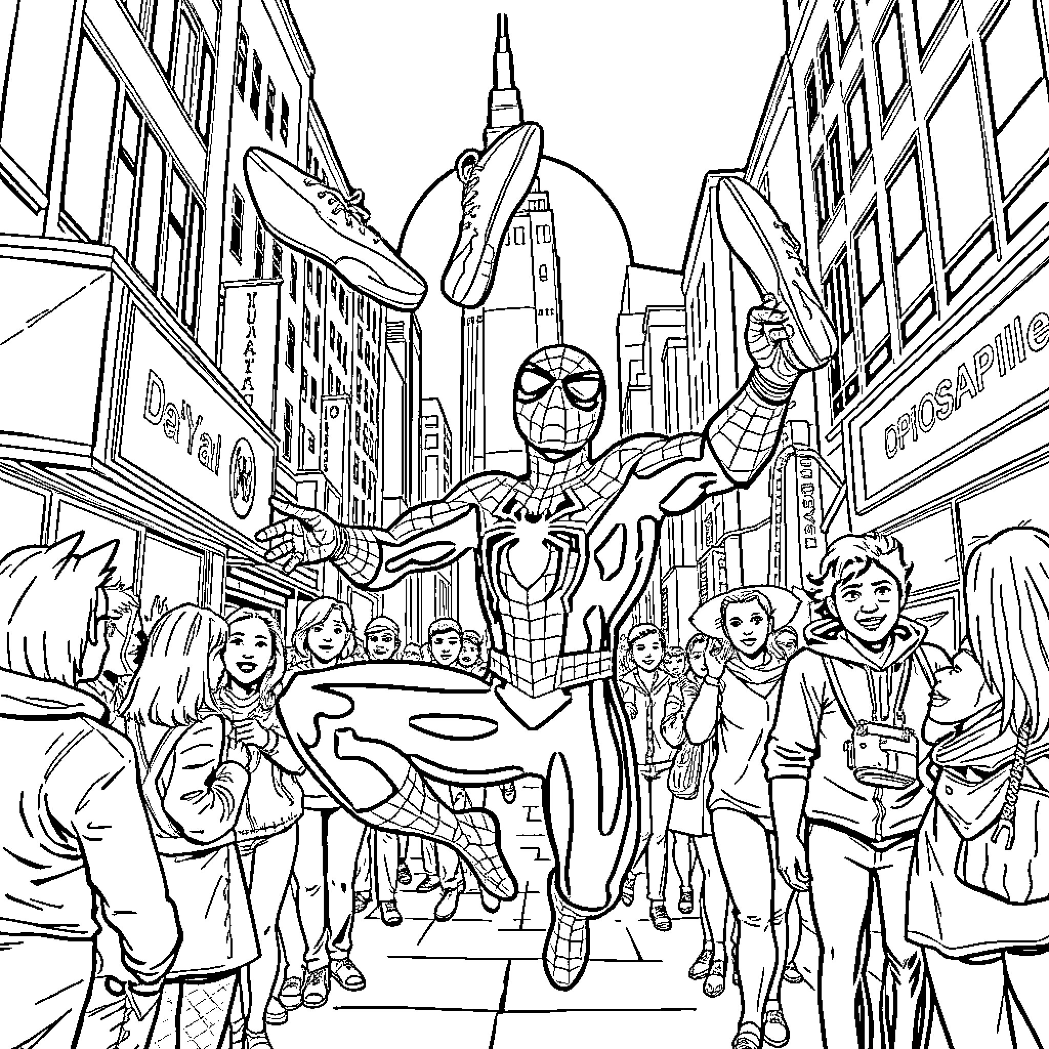 Spider-Man swinging through a busy city street Coloring Page (free black-and-white line drawing printable PDF for all, from beginners to advanced learners, including children, teens, adults, and seniors)