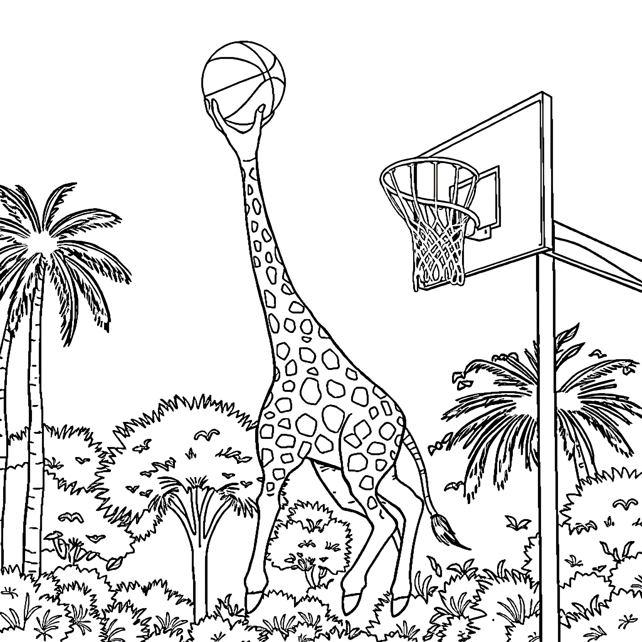 Giraffe Playing Basketball on the Savanna Coloring Page (free black-and-white line drawing printable PDF for all, from beginners to advanced learners, including children, teens, adults, and seniors)