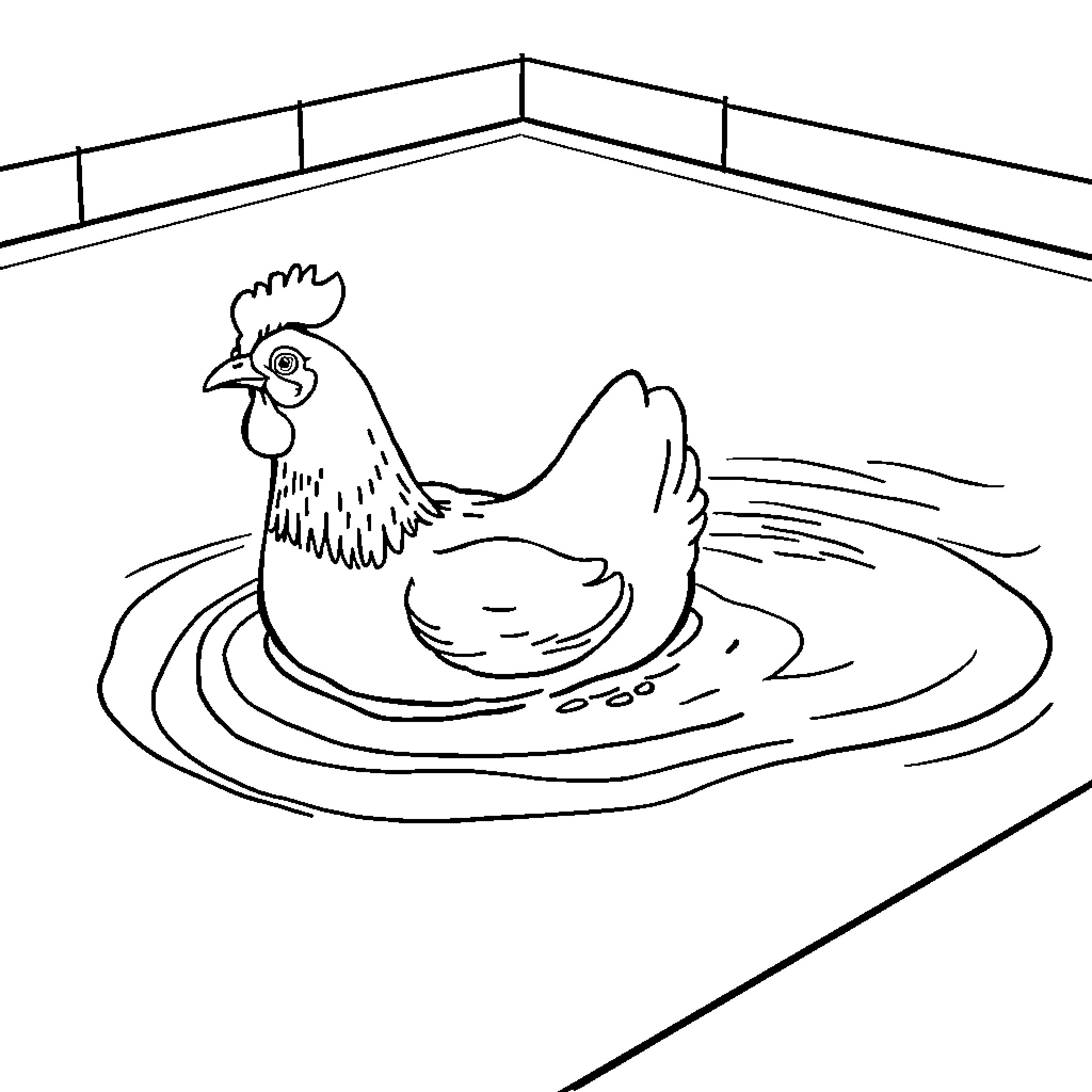 Chicken swimming gracefully in a pond Coloring Page (free black-and-white line drawing printable PDF for all, from beginners to advanced learners, including children, teens, adults, and seniors)