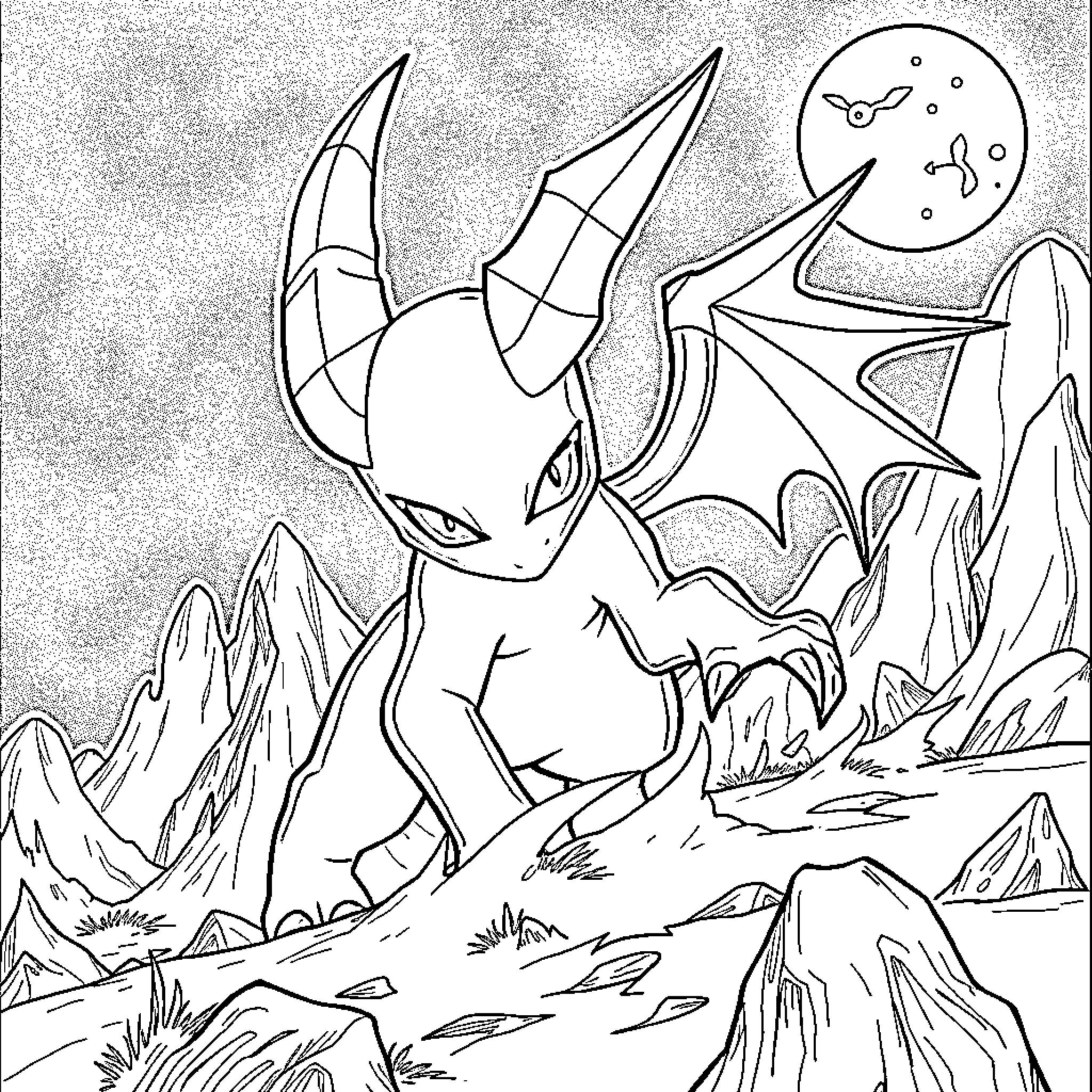 Darkrai in a mysterious and ominous landscape Coloring Page (free black-and-white line drawing printable PDF for all, from beginners to advanced learners, including children, teens, adults, and seniors)