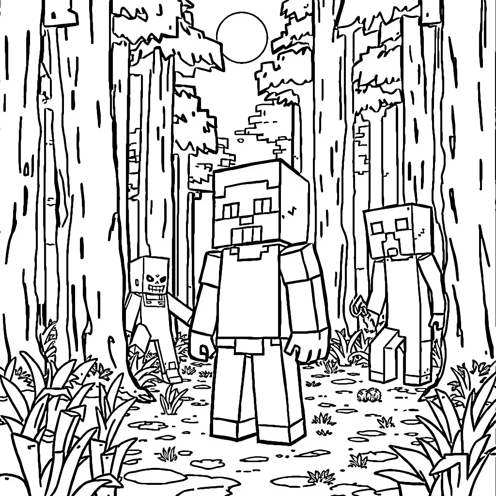 Minecraft Characters in a Mysterious Forest Scene Coloring Page (free black-and-white line drawing printable PDF for all, from beginners to advanced learners, including children, teens, adults, and seniors)