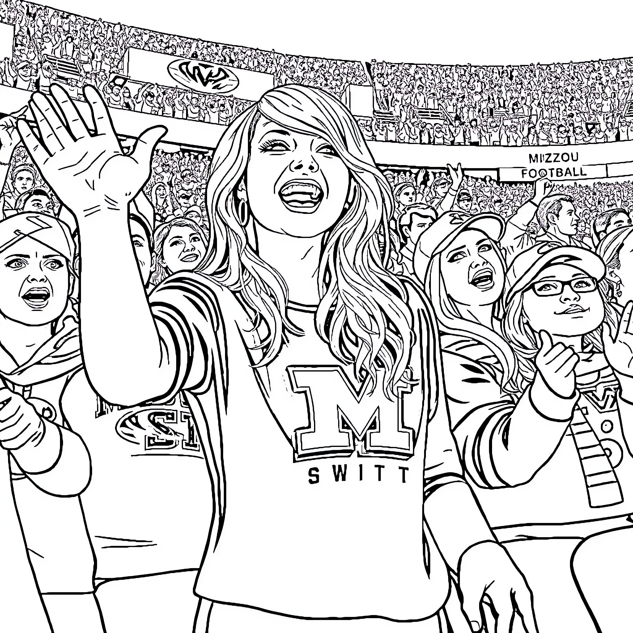 Taylor Swift Cheering with Fans at a Football Game Coloring Page (free black-and-white line drawing printable PDF for all, from beginners to advanced learners, including children, teens, adults, and seniors)
