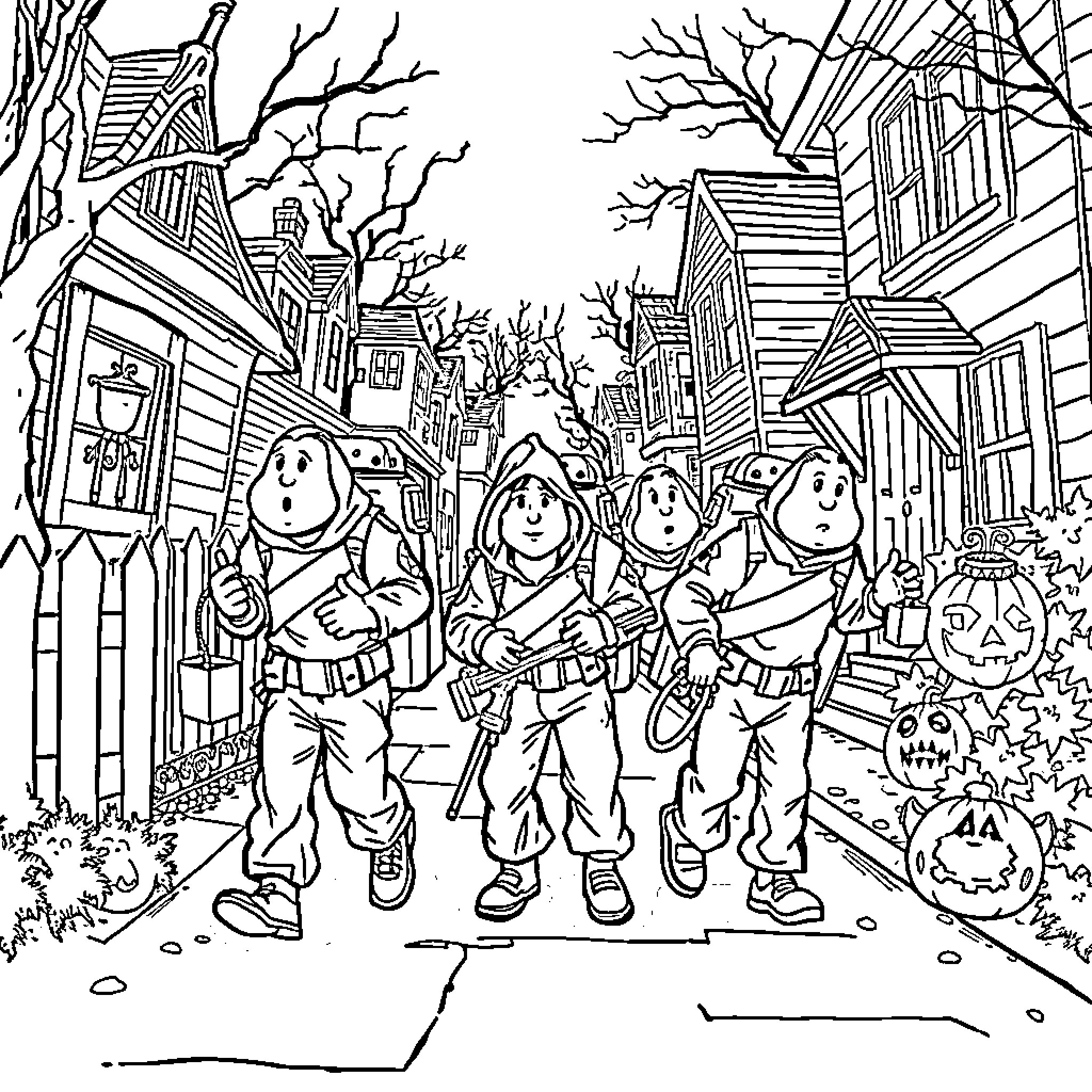 Ghostbusters in spooky city street Coloring Page (free black-and-white line drawing printable PDF for all, from beginners to advanced learners, including children, teens, adults, and seniors)