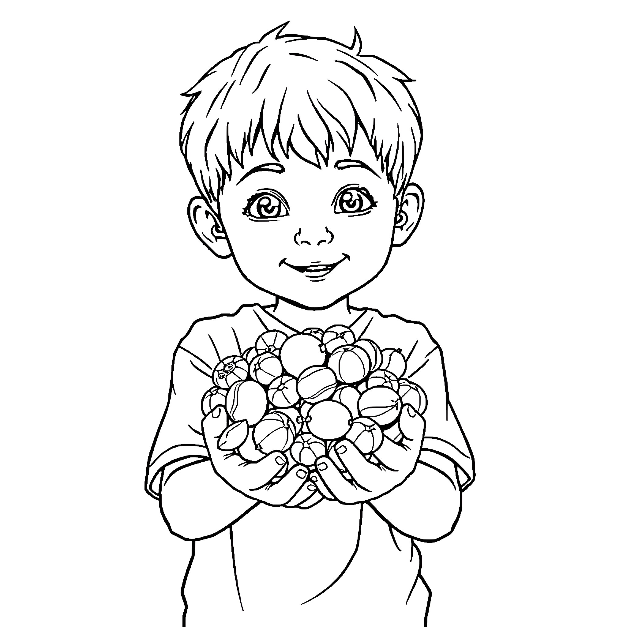 Dried Fruit Offered by a Young Boy Coloring Page (free black-and-white line drawing printable PDF for all, from beginners to advanced learners, including children, teens, adults, and seniors)