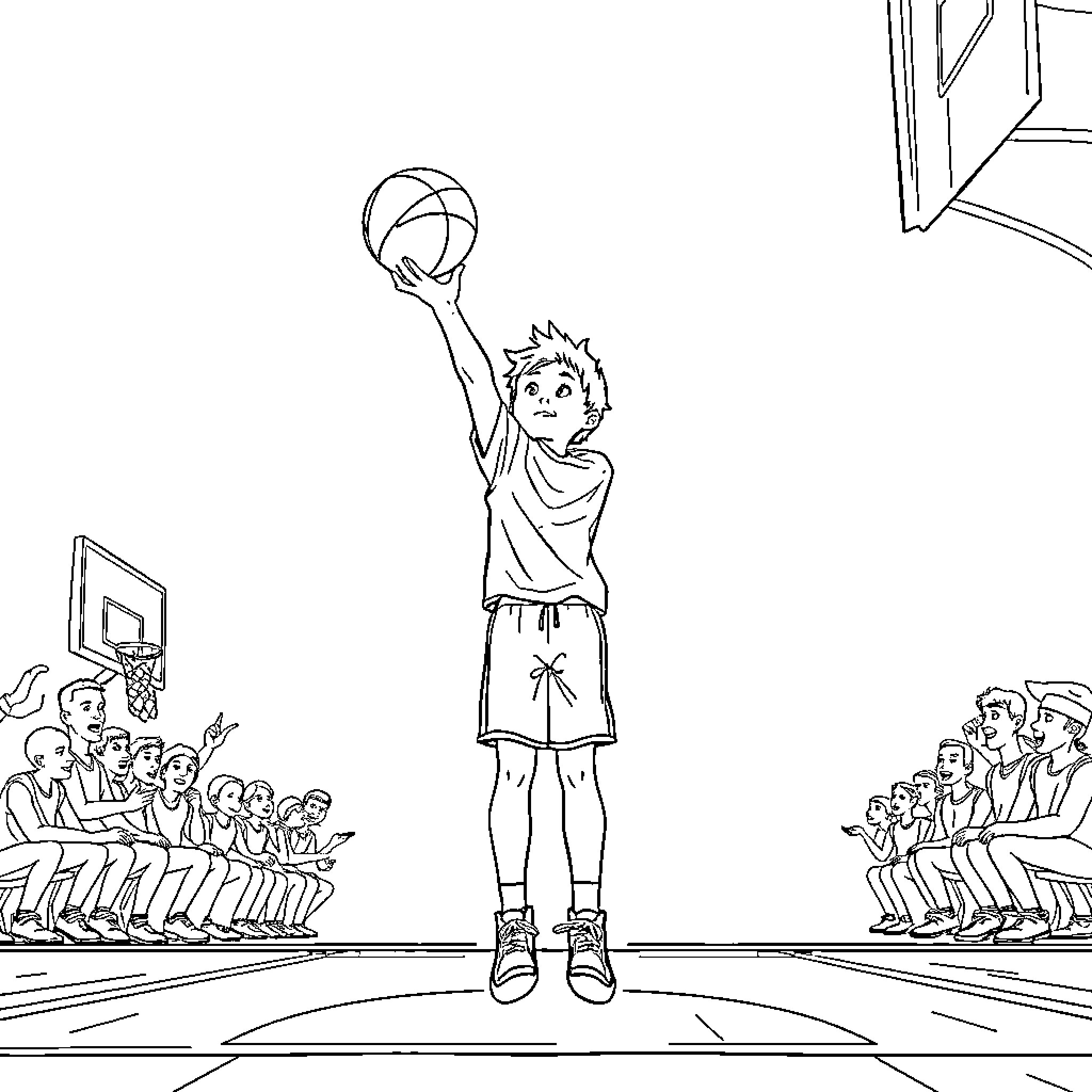 Boy shooting basketball on court with crowd Coloring Page (free black-and-white line drawing printable PDF for all, from beginners to advanced learners, including children, teens, adults, and seniors)