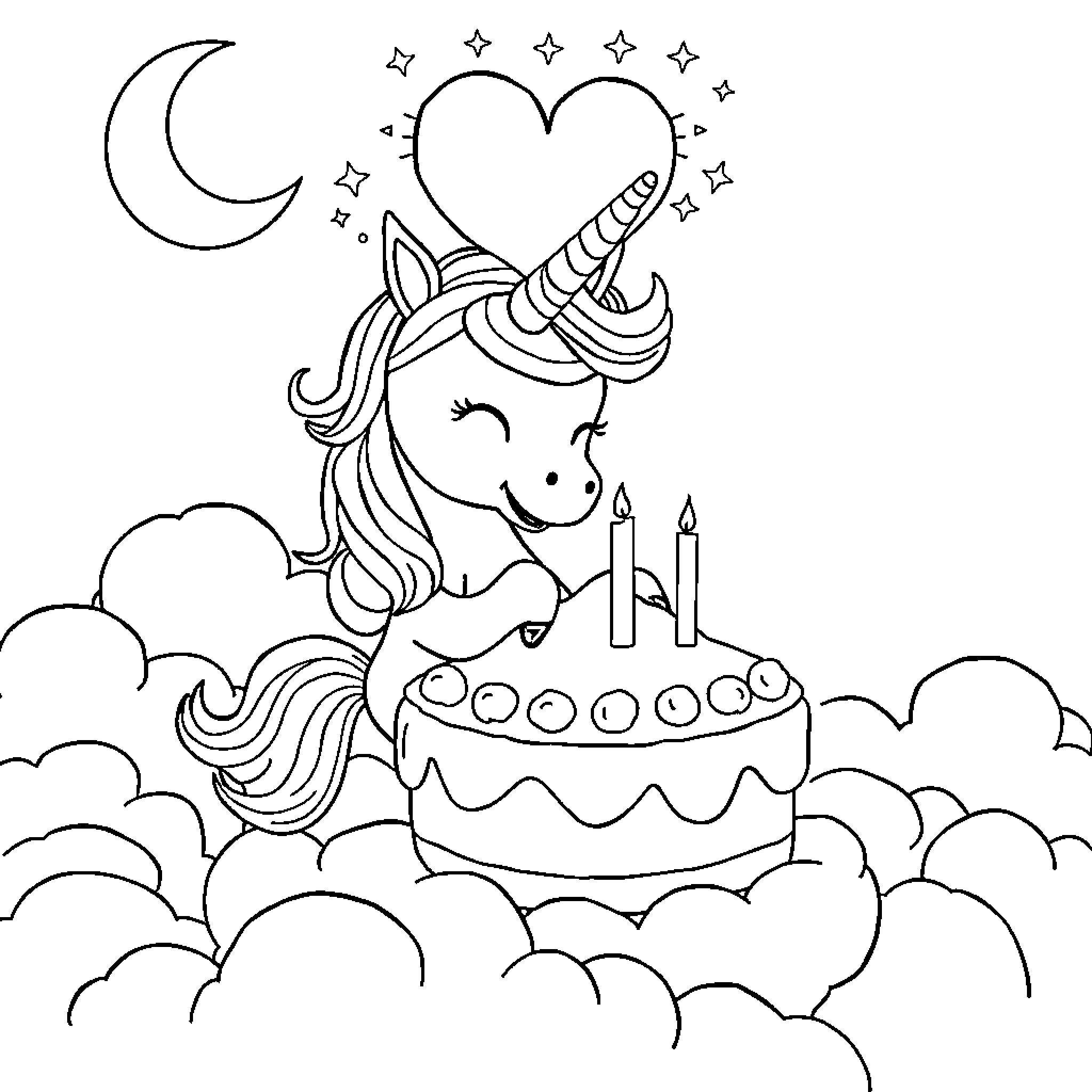 Unicorn celebrating birthday with cake and stars Coloring Page (free black-and-white line drawing printable PDF for all, from beginners to advanced learners, including children, teens, adults, and seniors)