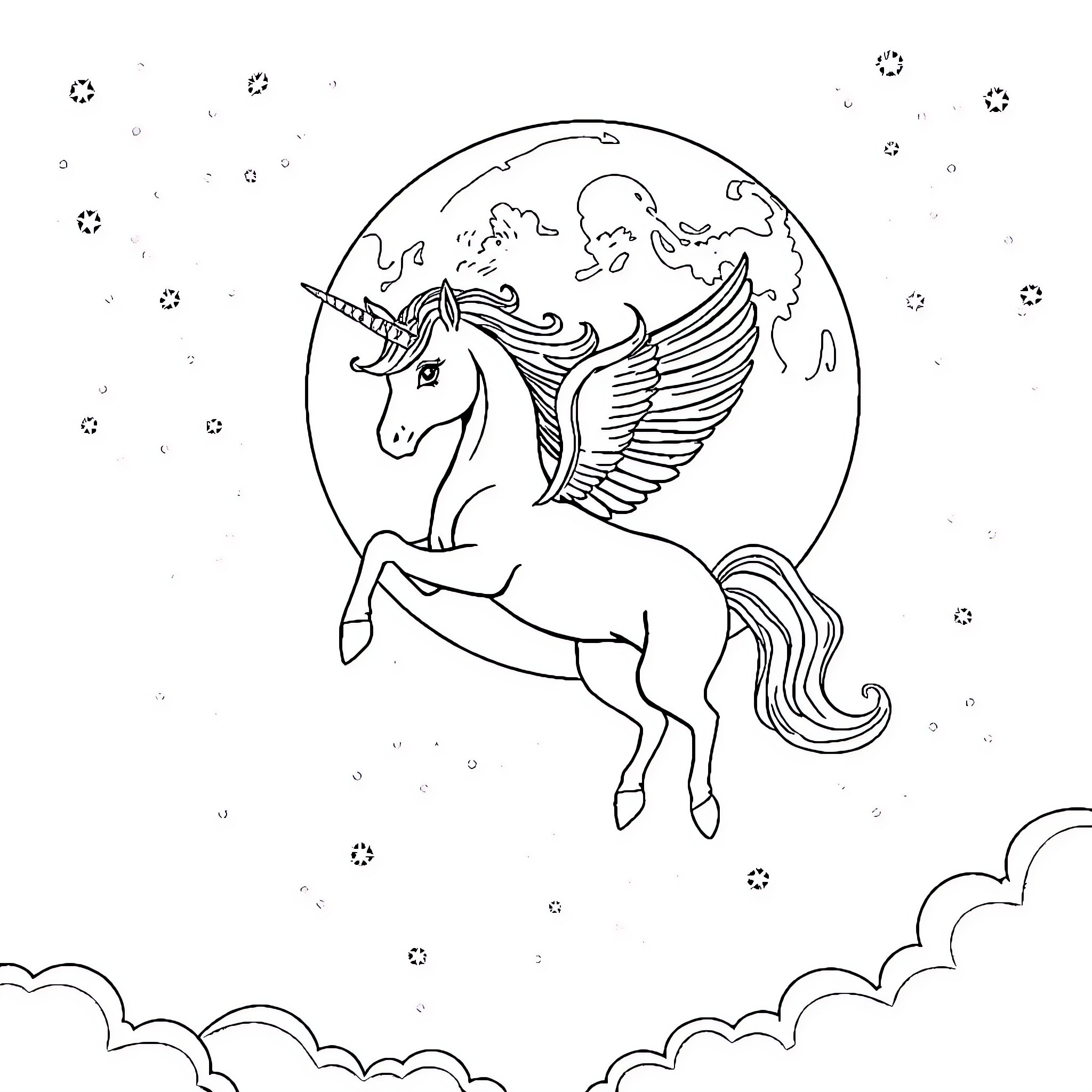Unicorn soaring through the starry night sky Coloring Page (free black-and-white line drawing printable PDF for all, from beginners to advanced learners, including children, teens, adults, and seniors)