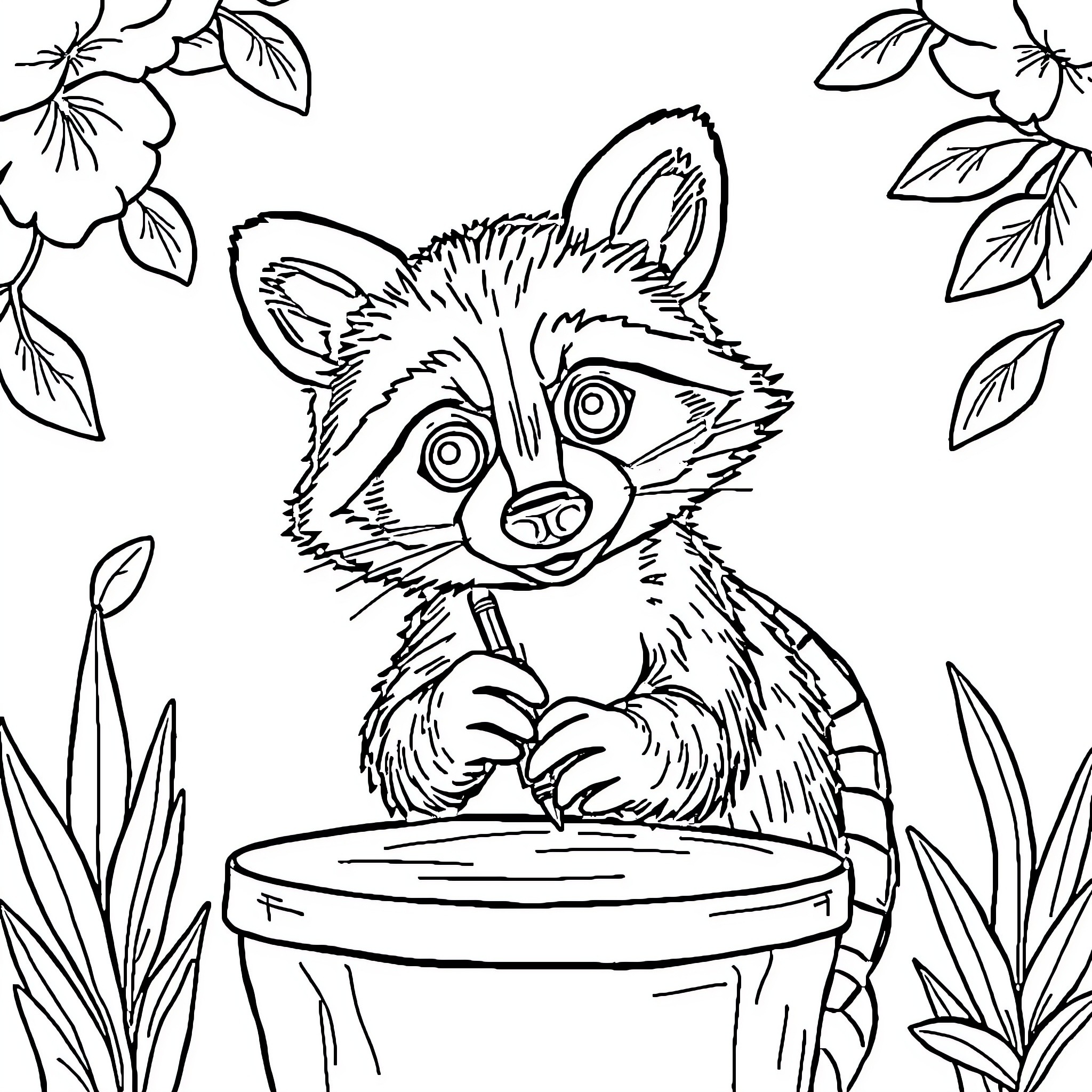 Raccoon playing with a drum in a floral setting Coloring Page (free black-and-white line drawing printable PDF for all, from beginners to advanced learners, including children, teens, adults, and seniors)