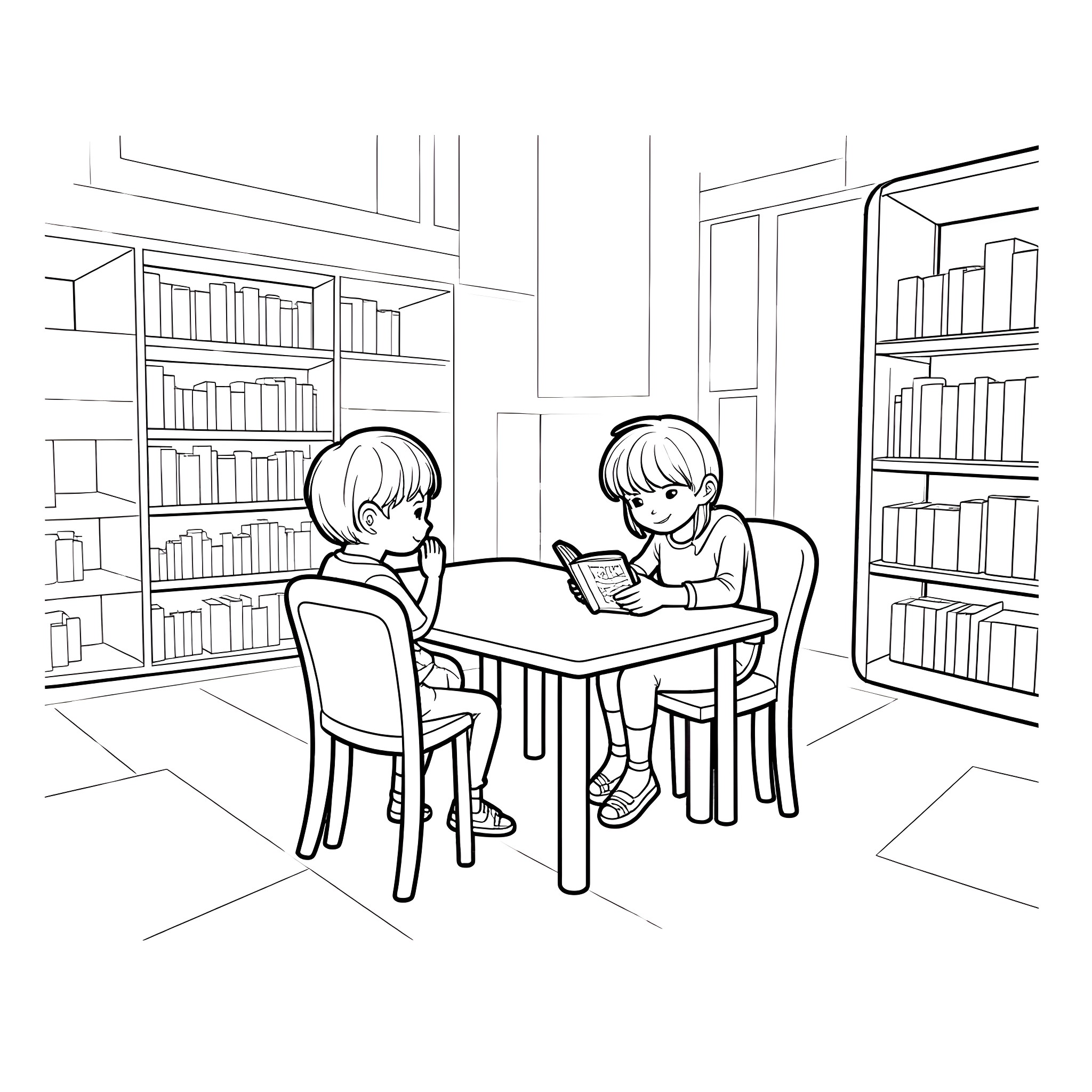 Children reading books in library Coloring Page (free black-and-white line drawing printable PDF for all, from beginners to advanced learners, including children, teens, adults, and seniors)