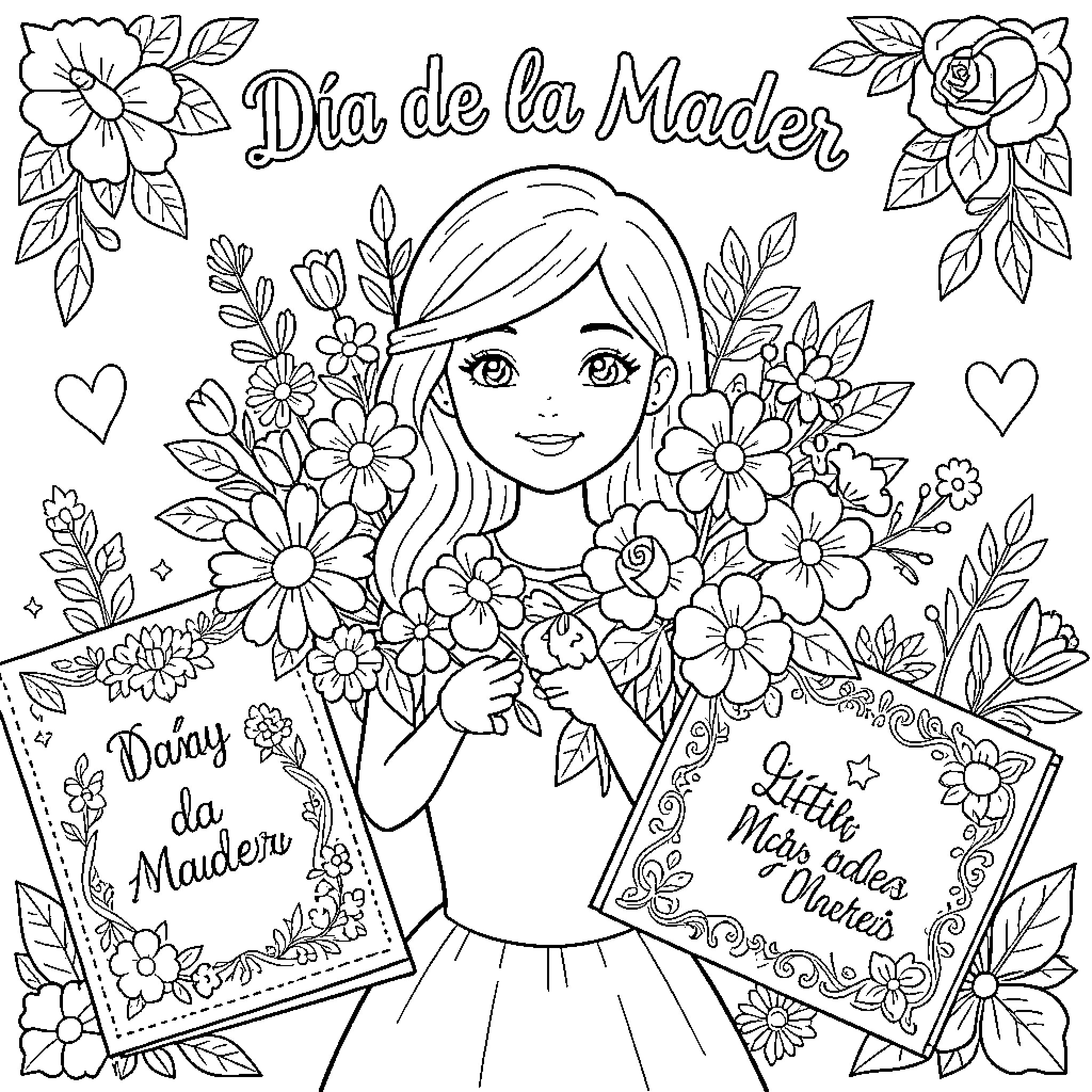 Mother holds flowers and book on Dia de la Madre Coloring Page (free black-and-white line drawing printable PDF for all, from beginners to advanced learners, including children, teens, adults, and seniors)