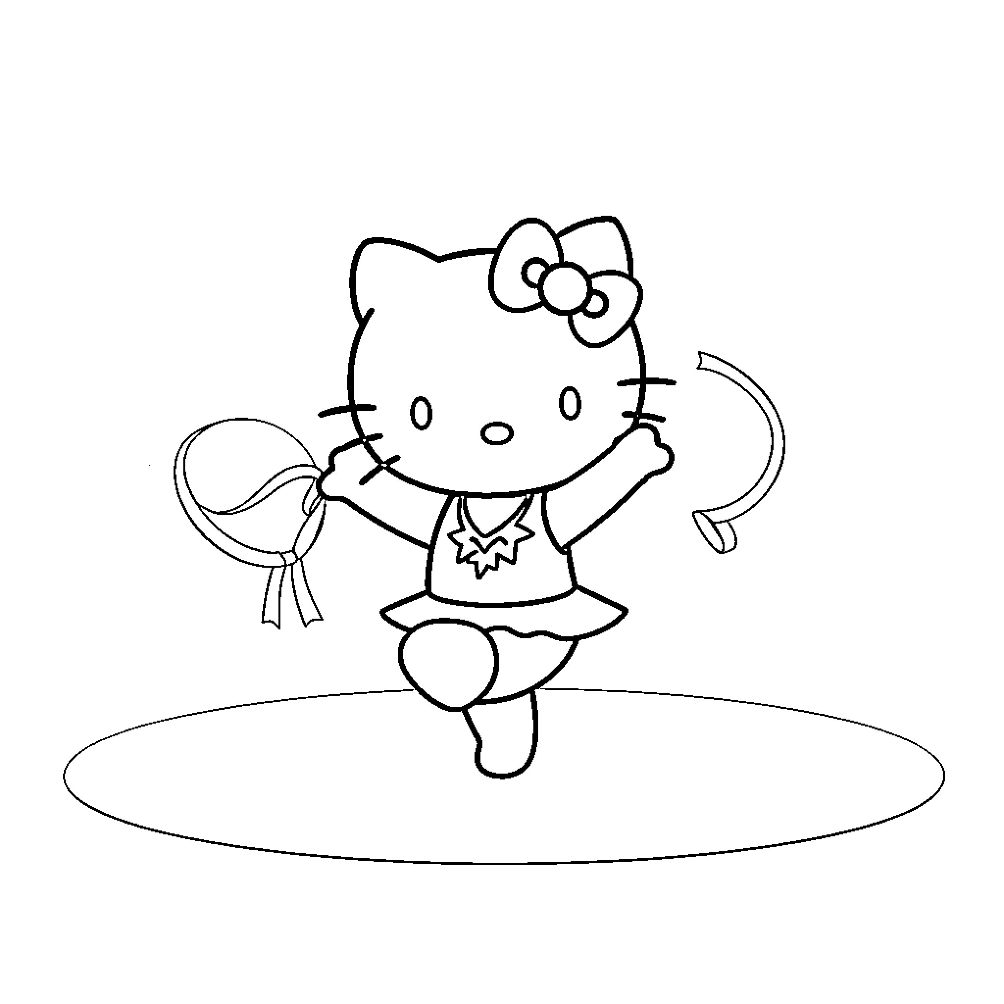Hello Kitty dancing joyfully on stage Coloring Page (free black-and-white line drawing printable PDF for all, from beginners to advanced learners, including children, teens, adults, and seniors)