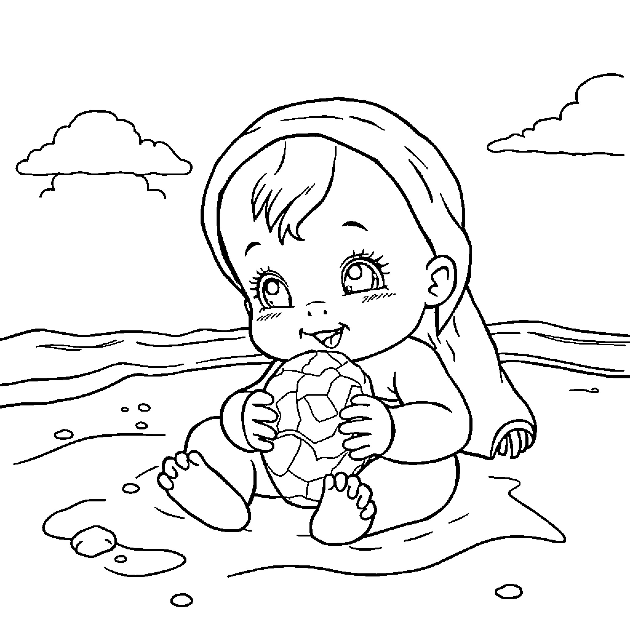 Bebe playing with a beach ball in the sand Coloring Page (free black-and-white line drawing printable PDF for all, from beginners to advanced learners, including children, teens, adults, and seniors)