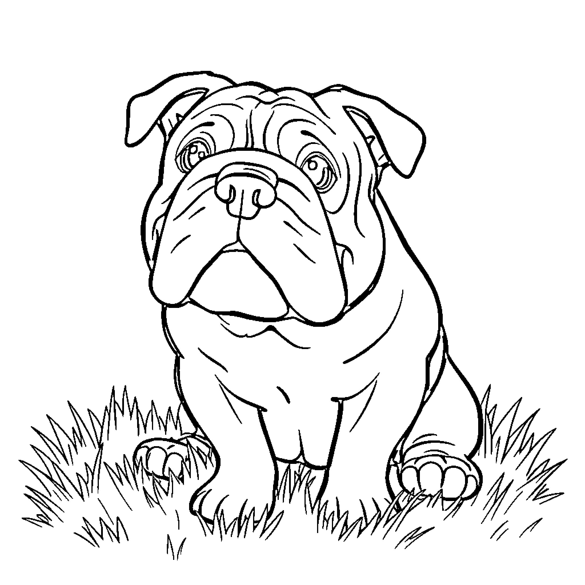 Bulldog sitting playfully in the grass Coloring Page (free black-and-white line drawing printable PDF for all, from beginners to advanced learners, including children, teens, adults, and seniors)