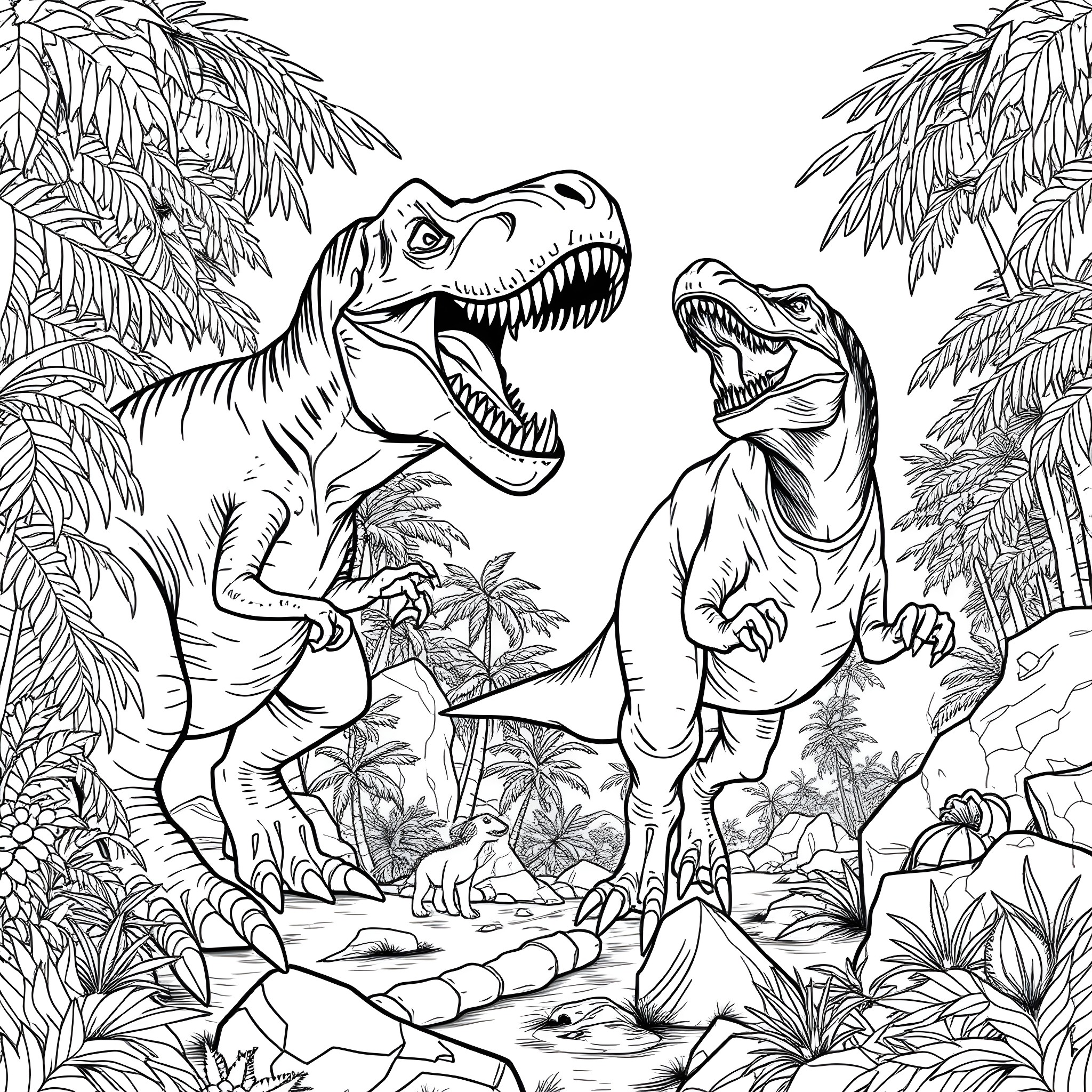 T-Rex Dinosaurs in Prehistoric Jungle Landscape Coloring Page (free black-and-white line drawing printable PDF for all, from beginners to advanced learners, including children, teens, adults, and seniors)