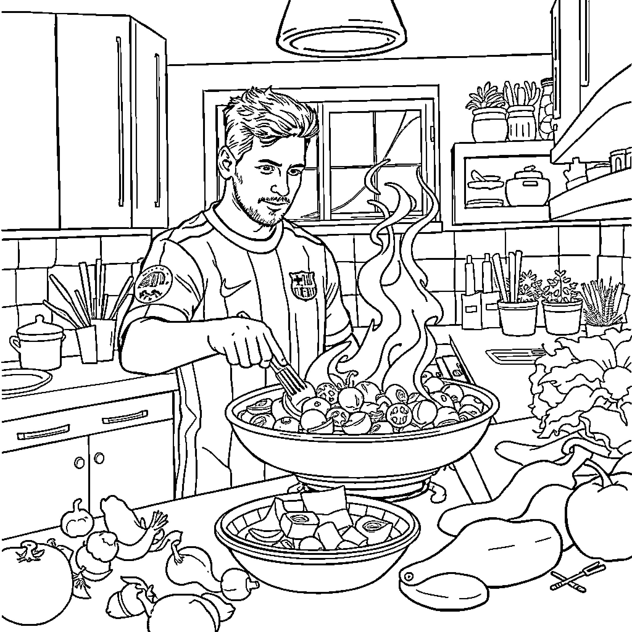 Leo Messi Cooking a Delicious Meal in the Kitchen Coloring Page (free black-and-white line drawing printable PDF for all, from beginners to advanced learners, including children, teens, adults, and seniors)