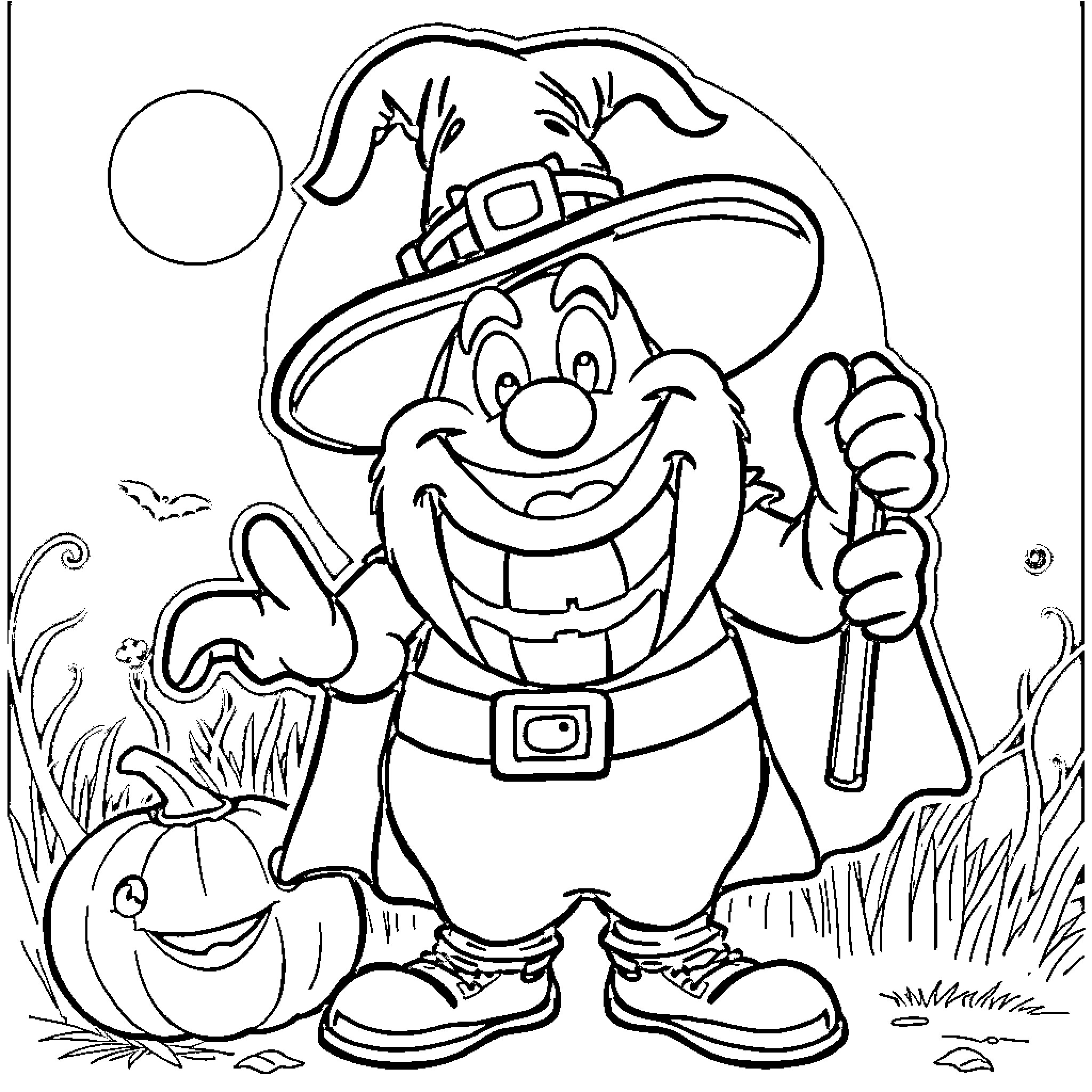 Grimace of a Joyful Halloween Leprechaun Coloring Page (free black-and-white line drawing printable PDF for all, from beginners to advanced learners, including children, teens, adults, and seniors)