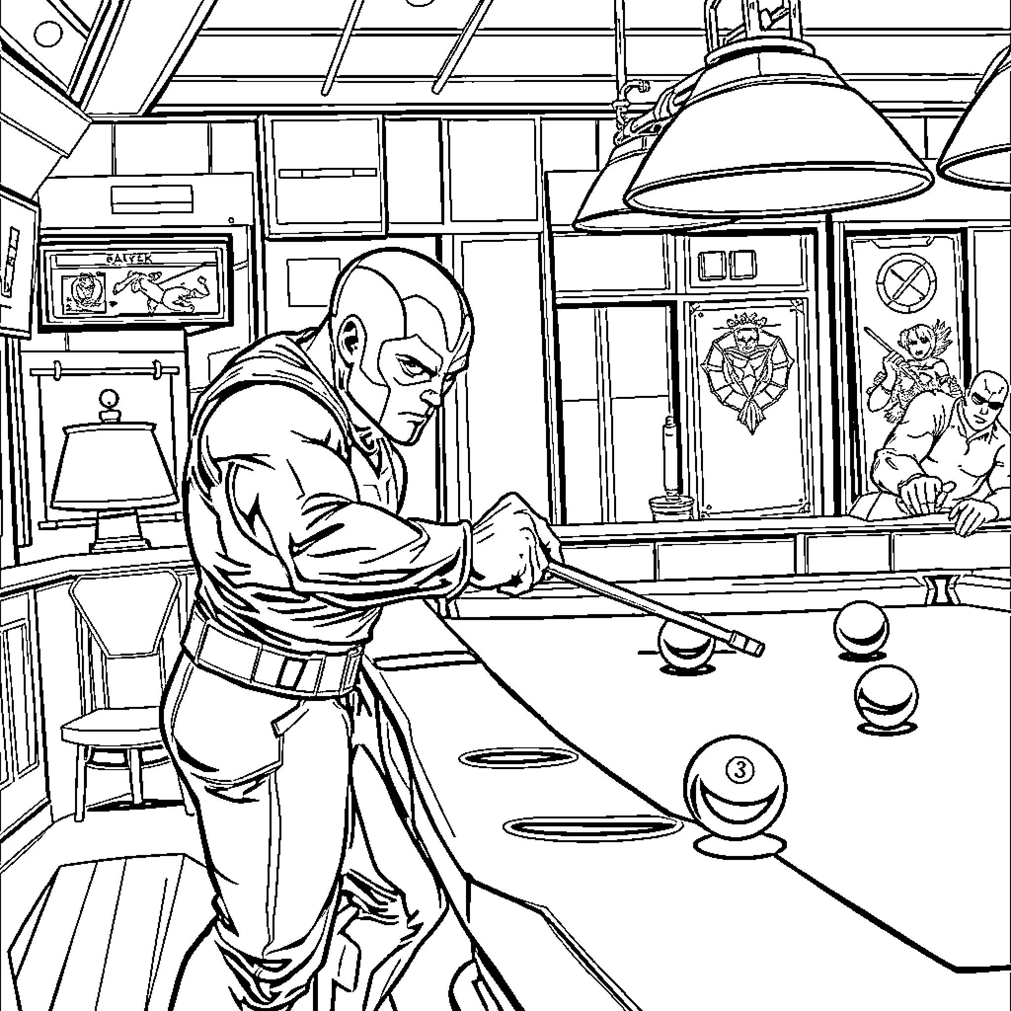 Marvel Hero Relaxing at the Pool Hall Coloring Page (free black-and-white line drawing printable PDF for all, from beginners to advanced learners, including children, teens, adults, and seniors)