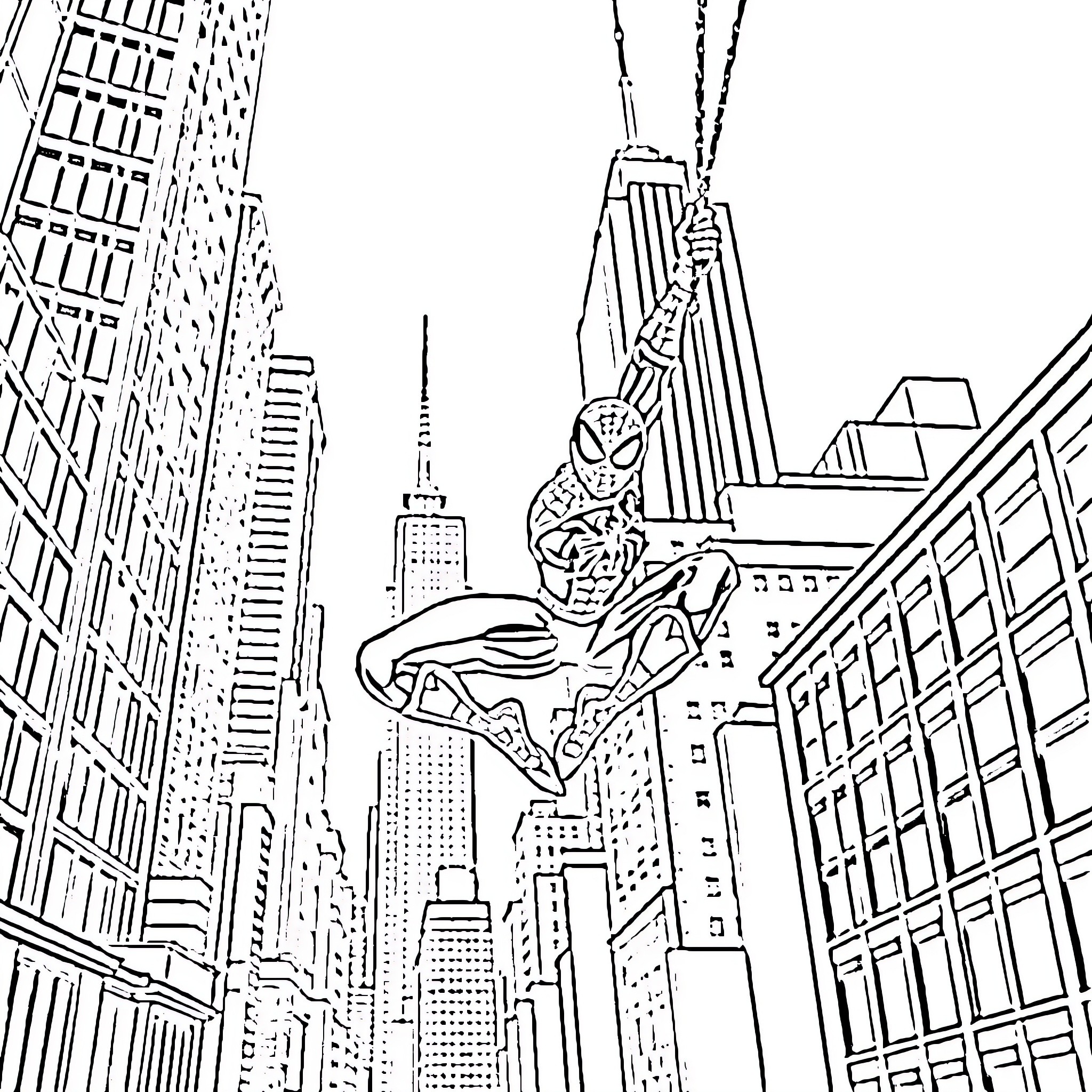 Spiderman swinging through the cityscape Coloring Page (free black-and-white line drawing printable PDF for all, from beginners to advanced learners, including children, teens, adults, and seniors)