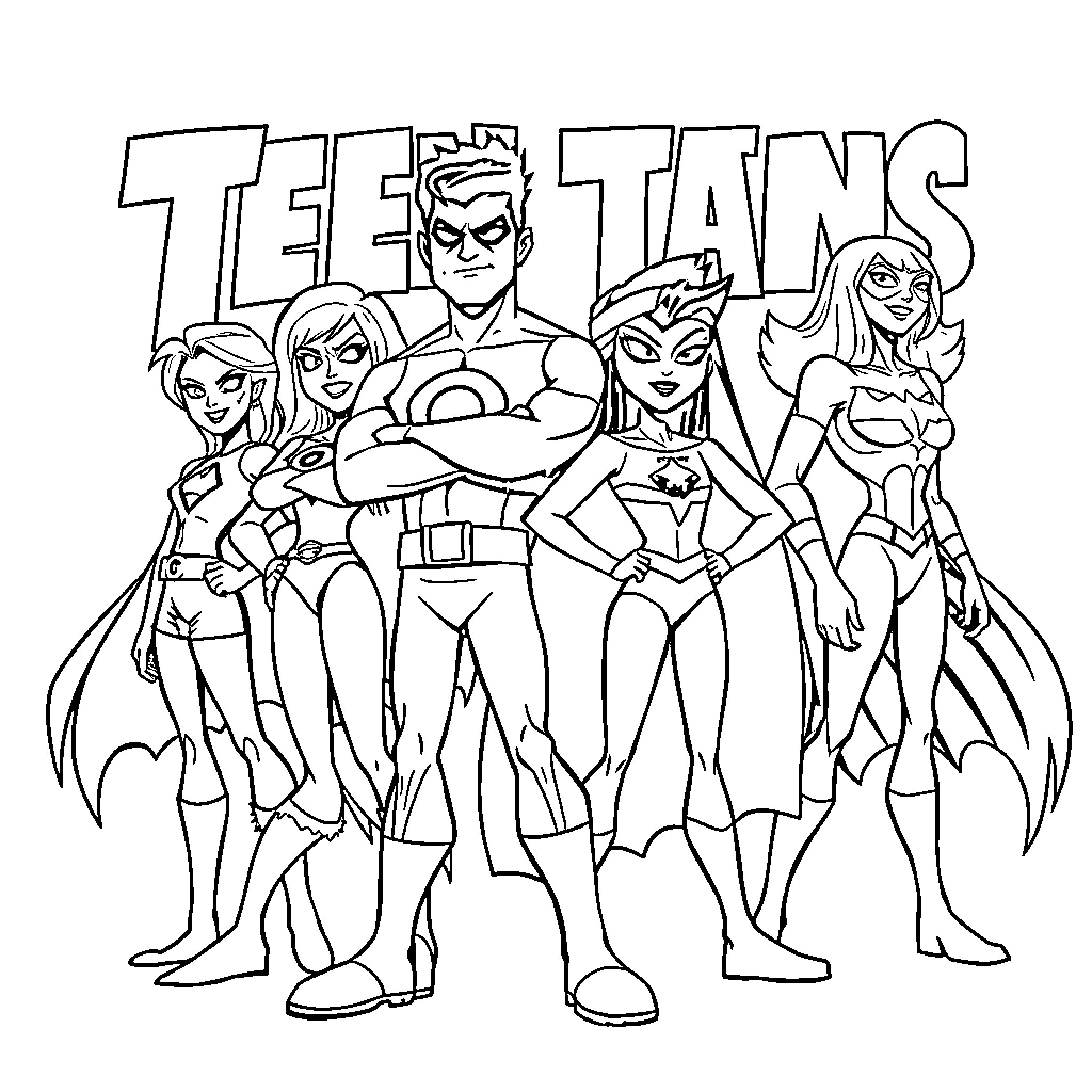 Teen Titans posed in heroic action Coloring Page (free black-and-white line drawing printable PDF for all, from beginners to advanced learners, including children, teens, adults, and seniors)