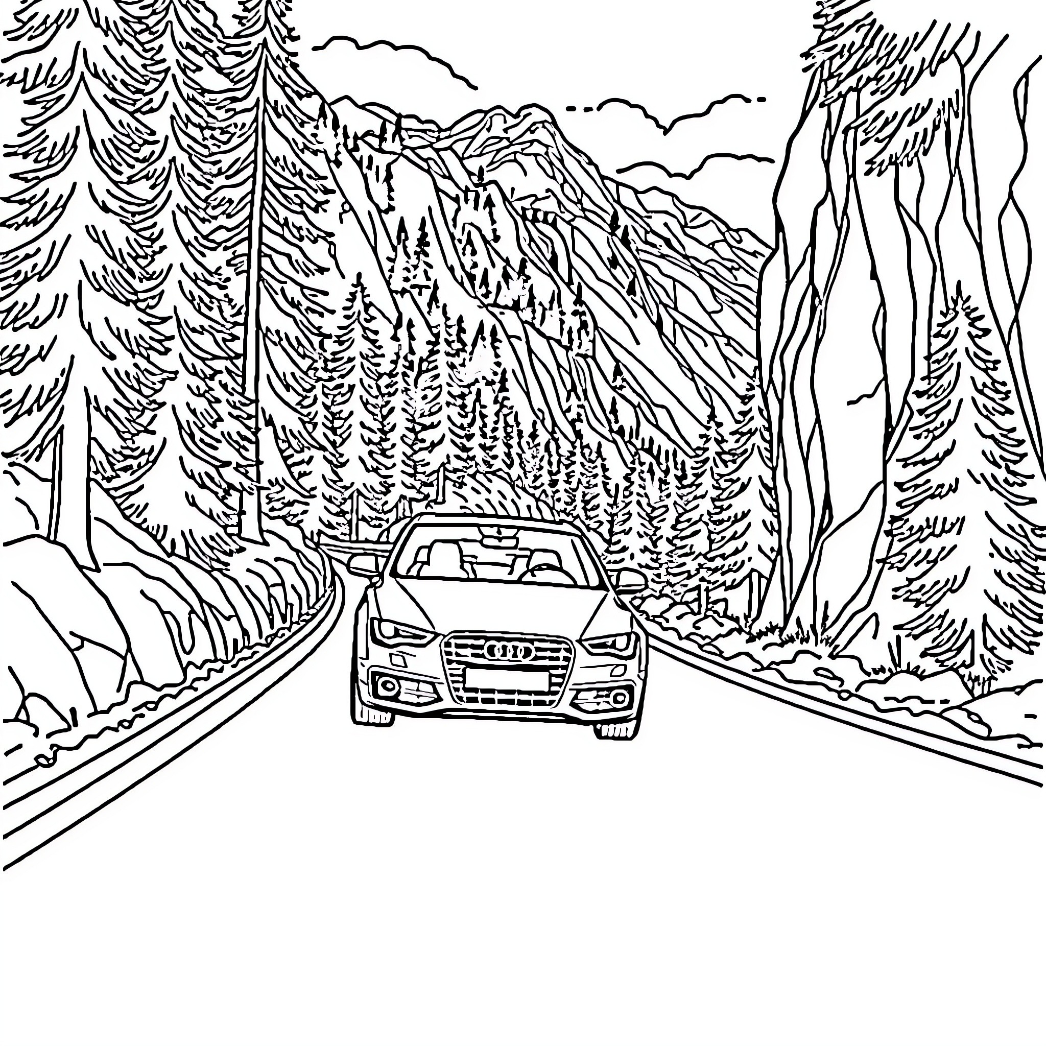 Audi driving through scenic mountain landscape Coloring Page (free black-and-white line drawing printable PDF for all, from beginners to advanced learners, including children, teens, adults, and seniors)