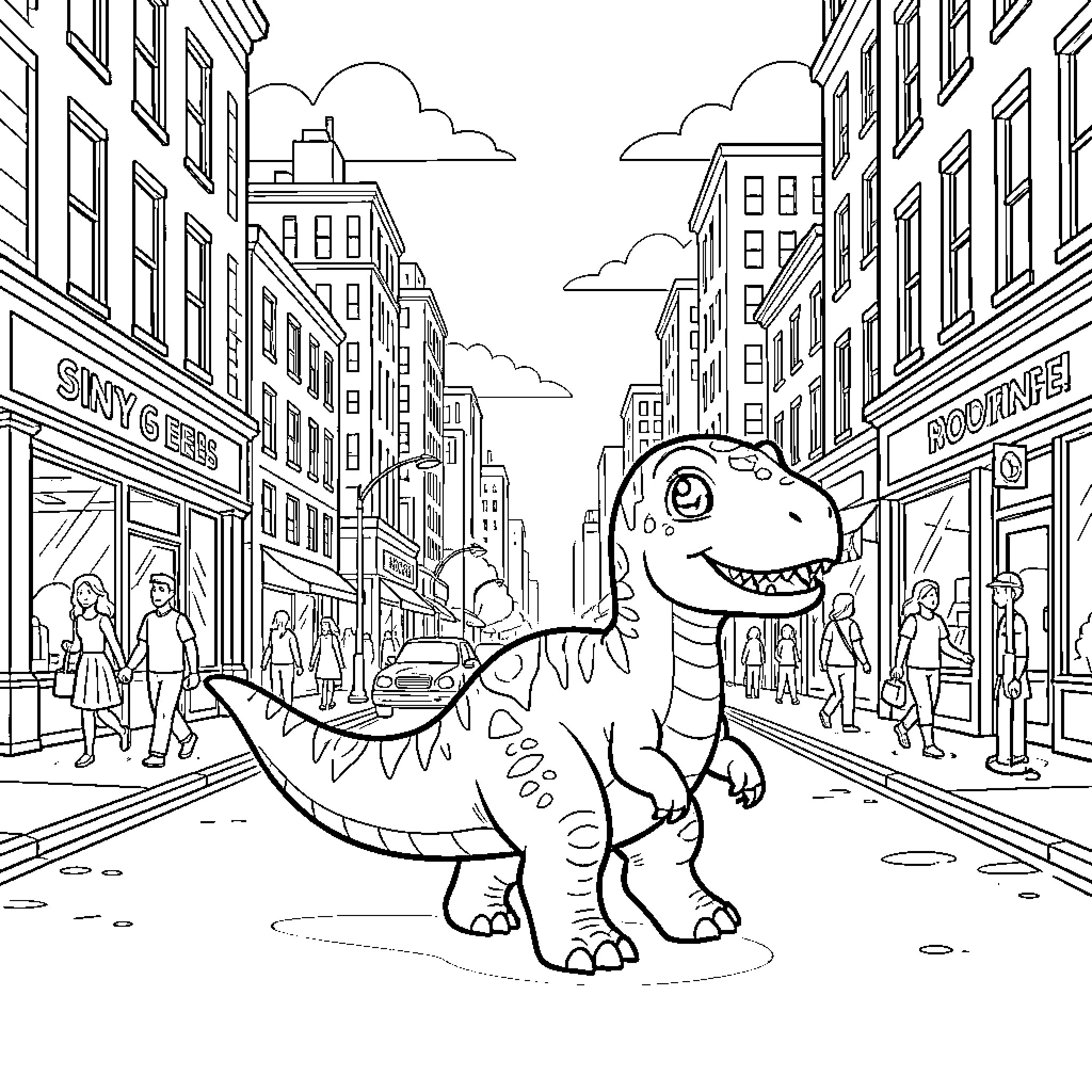 Dinosaur walking happily through a busy city street Coloring Page (free black-and-white line drawing printable PDF for all, from beginners to advanced learners, including children, teens, adults, and seniors)