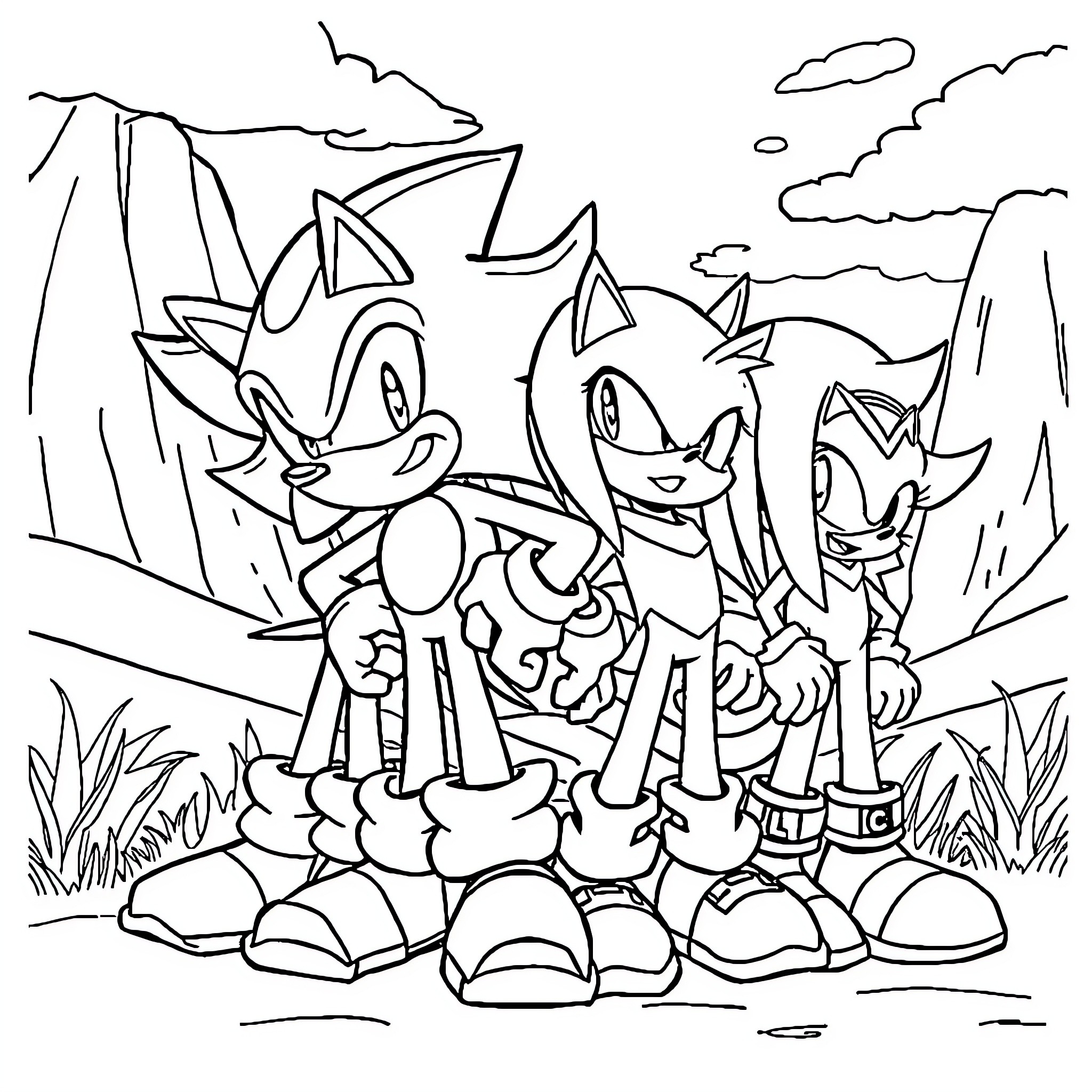 Sonic characters on an adventure in the wilderness Coloring Page (free black-and-white line drawing printable PDF for all, from beginners to advanced learners, including children, teens, adults, and seniors)