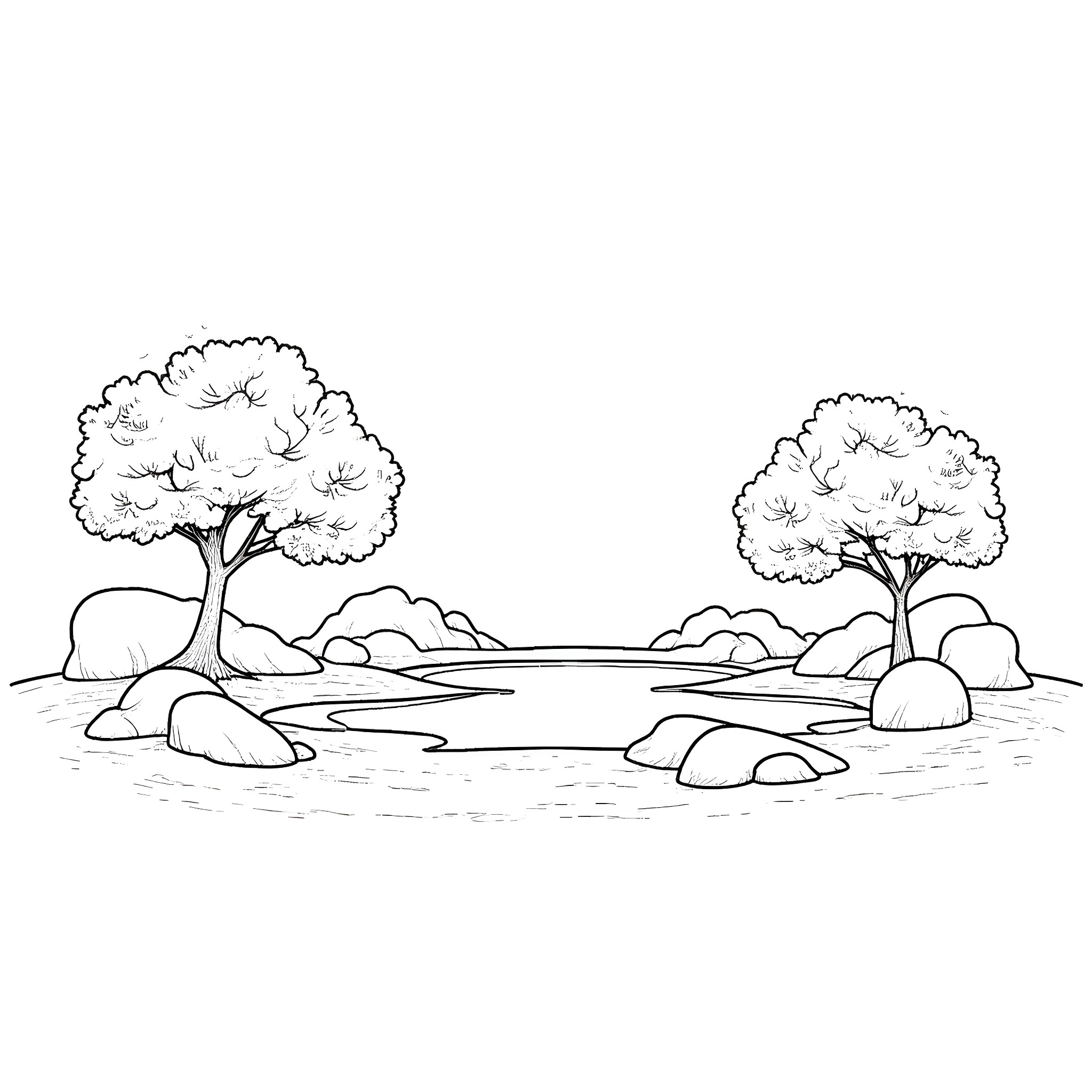 Garden landscape with trees and rocks Coloring Page (free black-and-white line drawing printable PDF for all, from beginners to advanced learners, including children, teens, adults, and seniors)