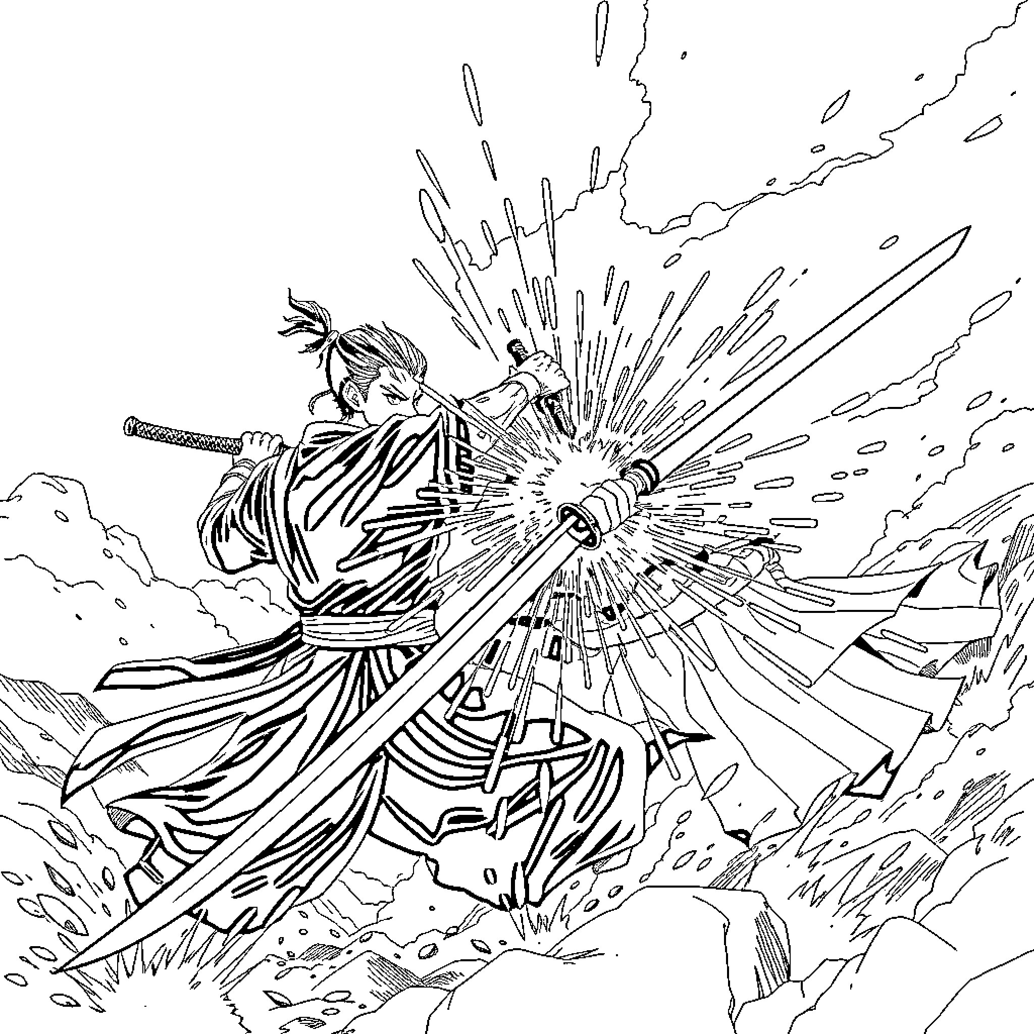 Zoro unleashes powerful sword attack in dramatic battle Coloring Page (free black-and-white line drawing printable PDF for all, from beginners to advanced learners, including children, teens, adults, and seniors)