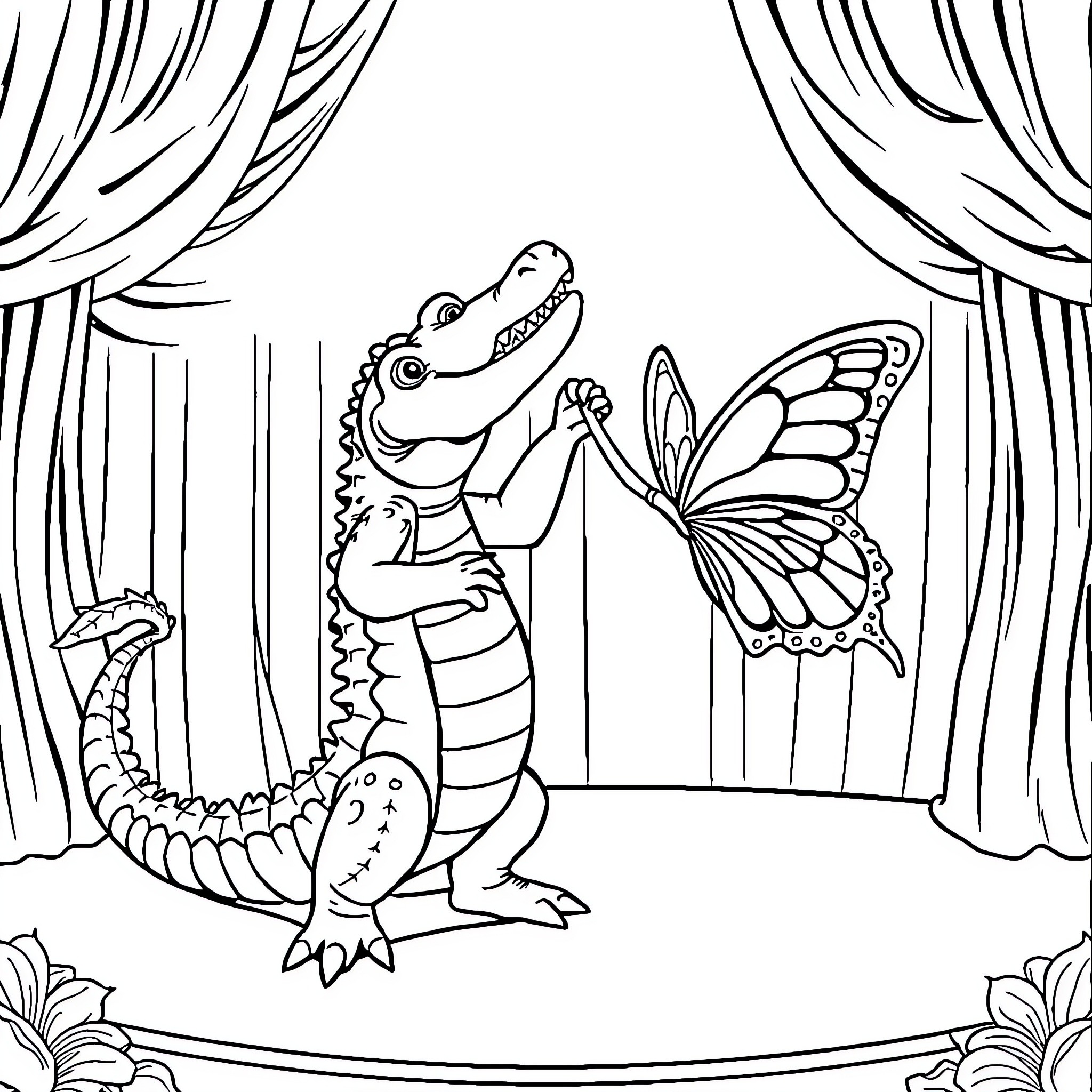 Alligator and Butterfly Performing on Stage Coloring Page (free black-and-white line drawing printable PDF for all, from beginners to advanced learners, including children, teens, adults, and seniors)