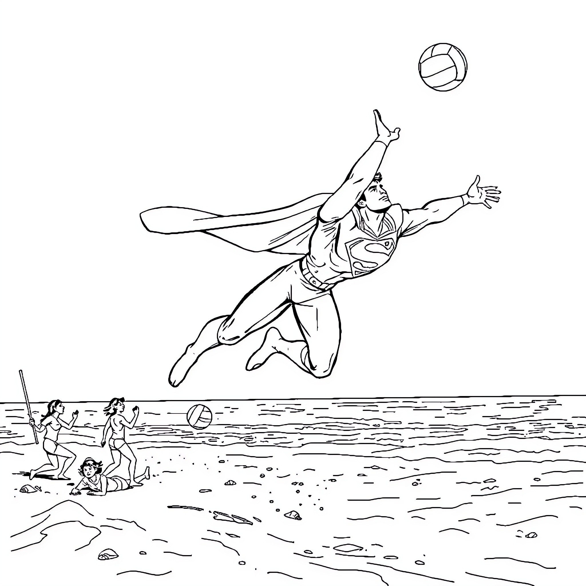 Superman soaring through the air to save the day Coloring Page (free black-and-white line drawing printable PDF for all, from beginners to advanced learners, including children, teens, adults, and seniors)