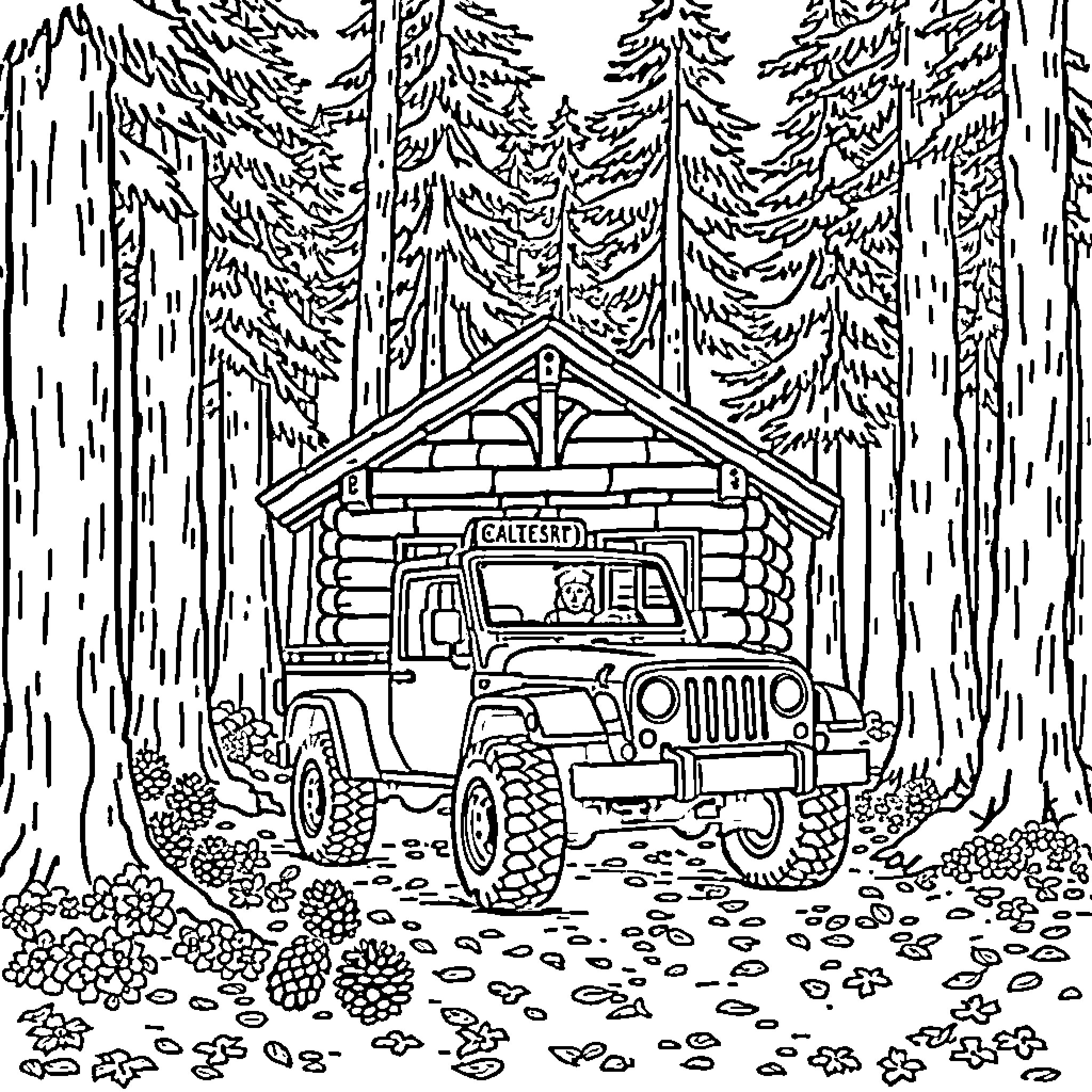 Cabin in the Forested Wilderness with Rugged Truck Coloring Page (free black-and-white line drawing printable PDF for all, from beginners to advanced learners, including children, teens, adults, and seniors)