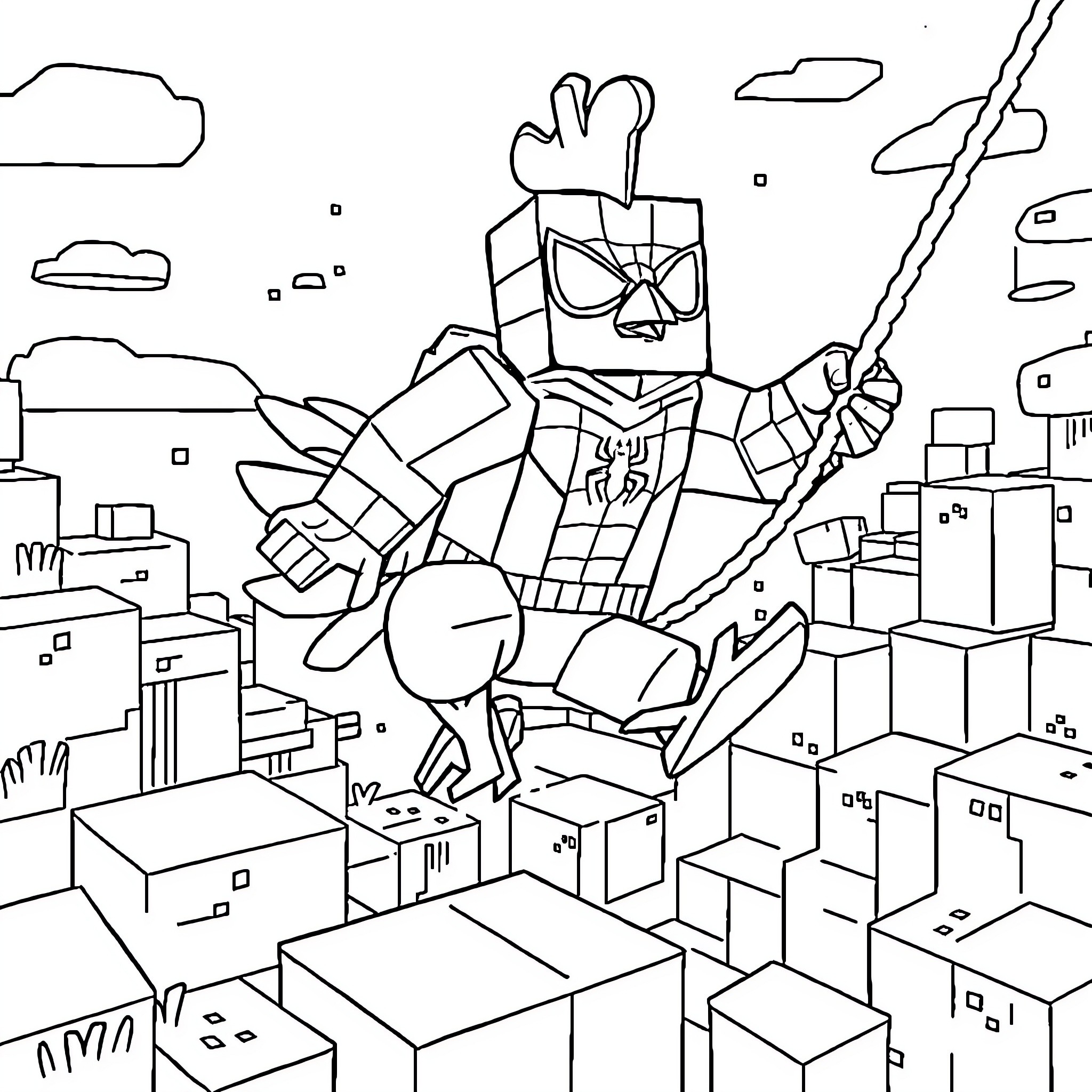 Chicken Jockey Riding Through the City Skyline Coloring Page (free black-and-white line drawing printable PDF for all, from beginners to advanced learners, including children, teens, adults, and seniors)