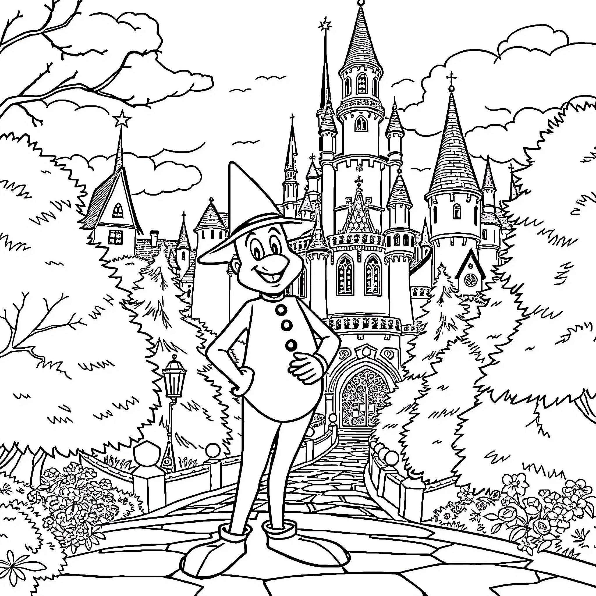 Pardoes' Enchanting Castle Adventure Coloring Page (free black-and-white line drawing printable PDF for all, from beginners to advanced learners, including children, teens, adults, and seniors)
