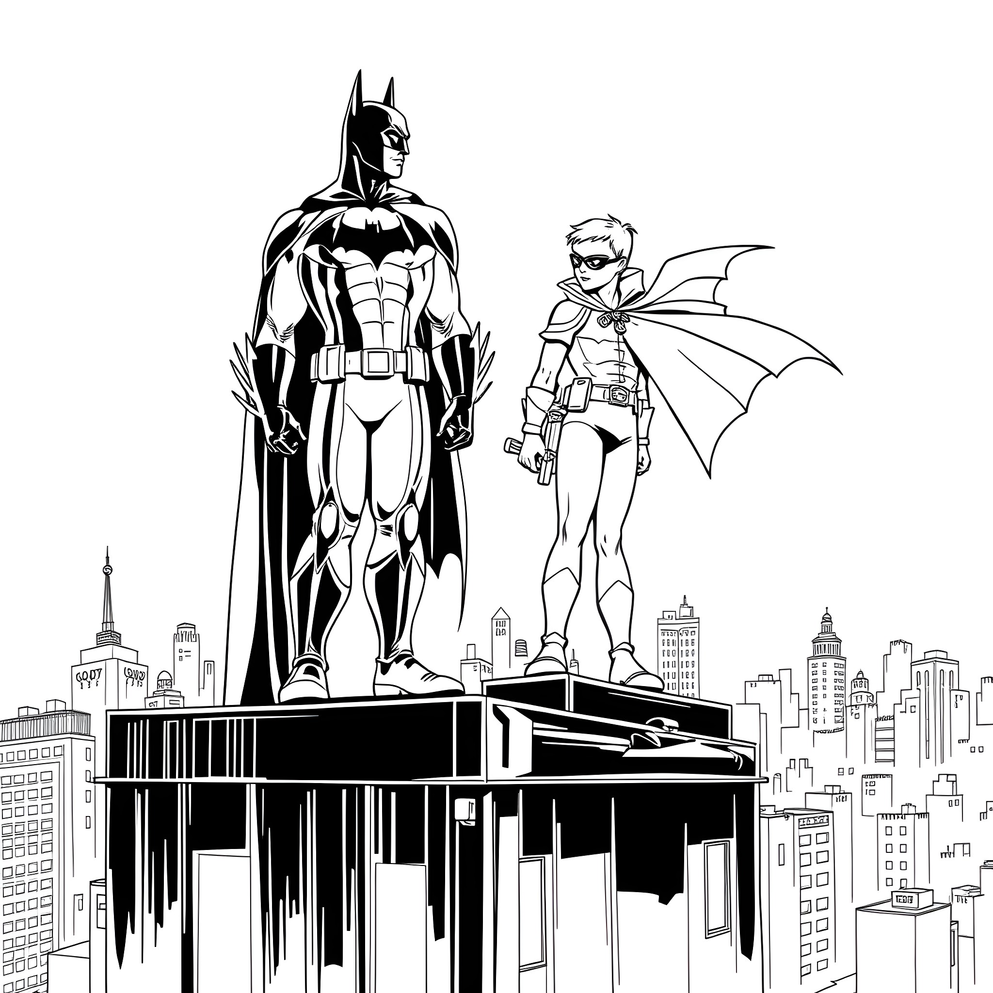 Batman and Robin stand tall overlooking the city Coloring Page (free black-and-white line drawing printable PDF for all, from beginners to advanced learners, including children, teens, adults, and seniors)