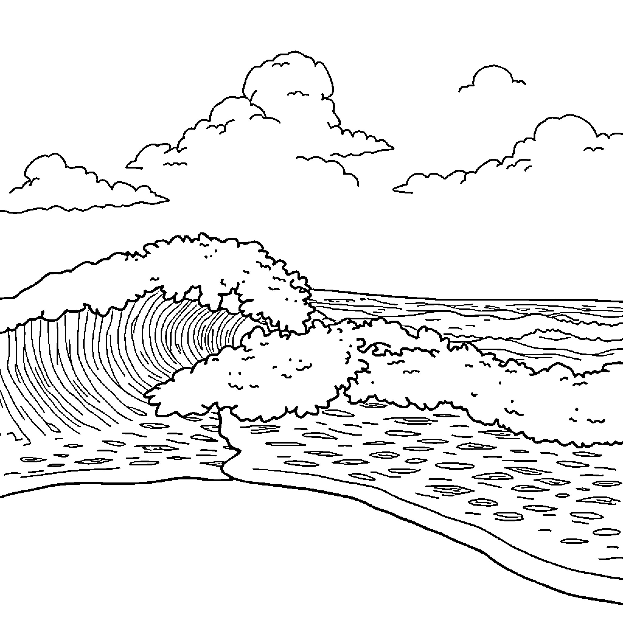 Wave crashing on the shore with cloudy skies Coloring Page (free black-and-white line drawing printable PDF for all, from beginners to advanced learners, including children, teens, adults, and seniors)