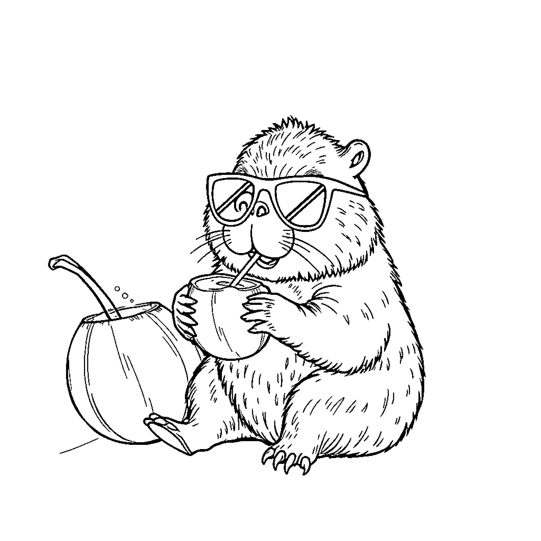 Capybara enjoying a cool drink on a hot day Coloring Page (free black-and-white line drawing printable PDF for all, from beginners to advanced learners, including children, teens, adults, and seniors)