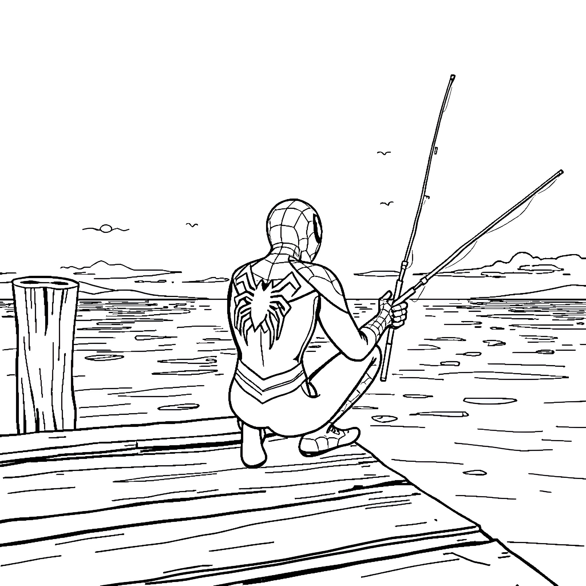 Spiderman fishing on a dock overlooking the ocean Coloring Page (free black-and-white line drawing printable PDF for all, from beginners to advanced learners, including children, teens, adults, and seniors)