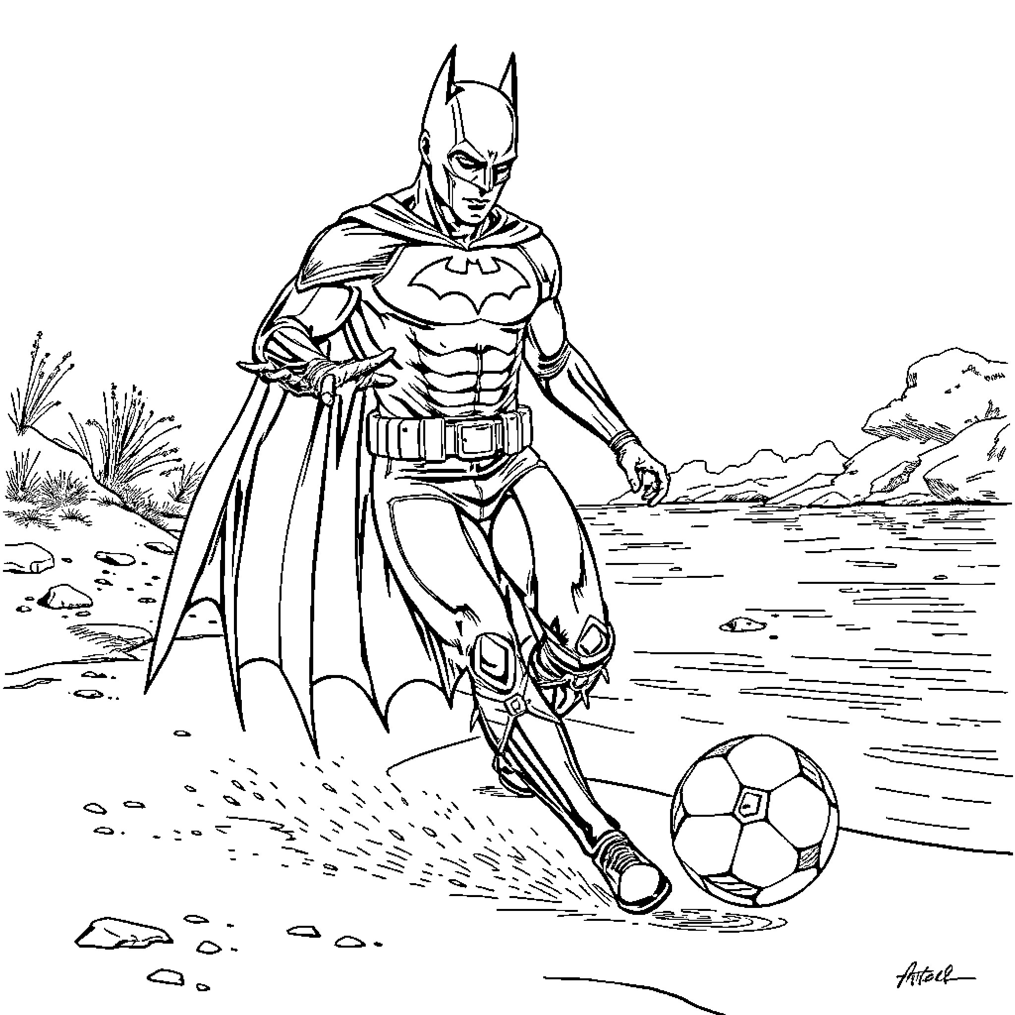 Batman kicking a soccer ball in the park Coloring Page (free black-and-white line drawing printable PDF for all, from beginners to advanced learners, including children, teens, adults, and seniors)