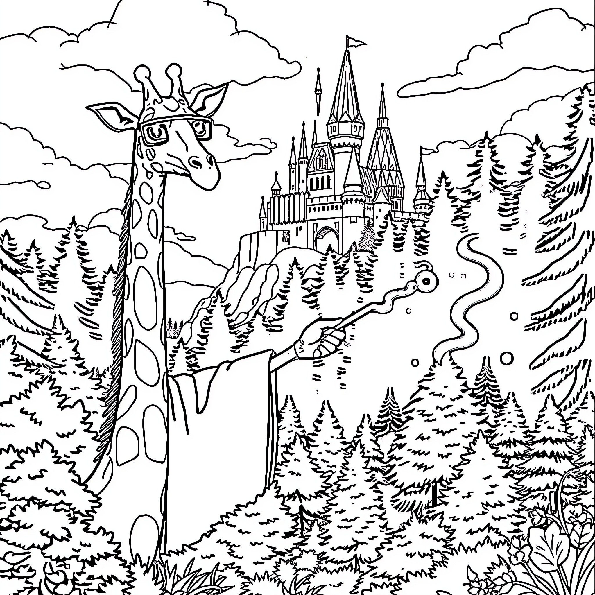 Giraffe overlooking a magical castle in a forested landscape Coloring Page (free black-and-white line drawing printable PDF for all, from beginners to advanced learners, including children, teens, adults, and seniors)