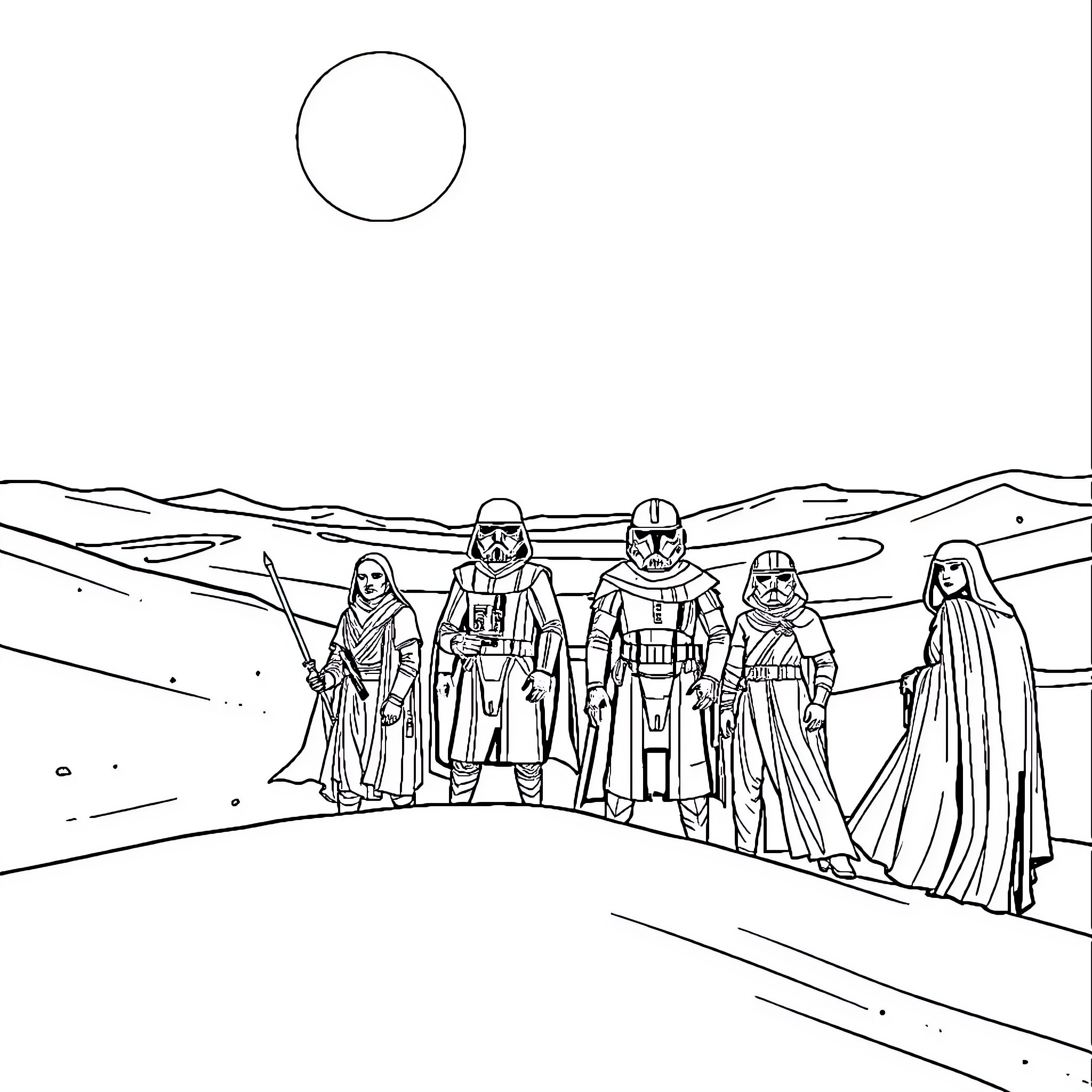 Star Wars characters in desert landscape Coloring Page (free black-and-white line drawing printable PDF for all, from beginners to advanced learners, including children, teens, adults, and seniors)