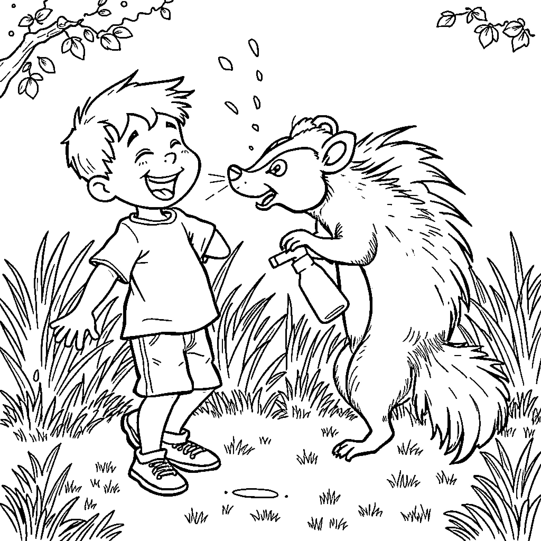 Boy playing happily with friendly hedgehog in the woods Coloring Page (free black-and-white line drawing printable PDF for all, from beginners to advanced learners, including children, teens, adults, and seniors)