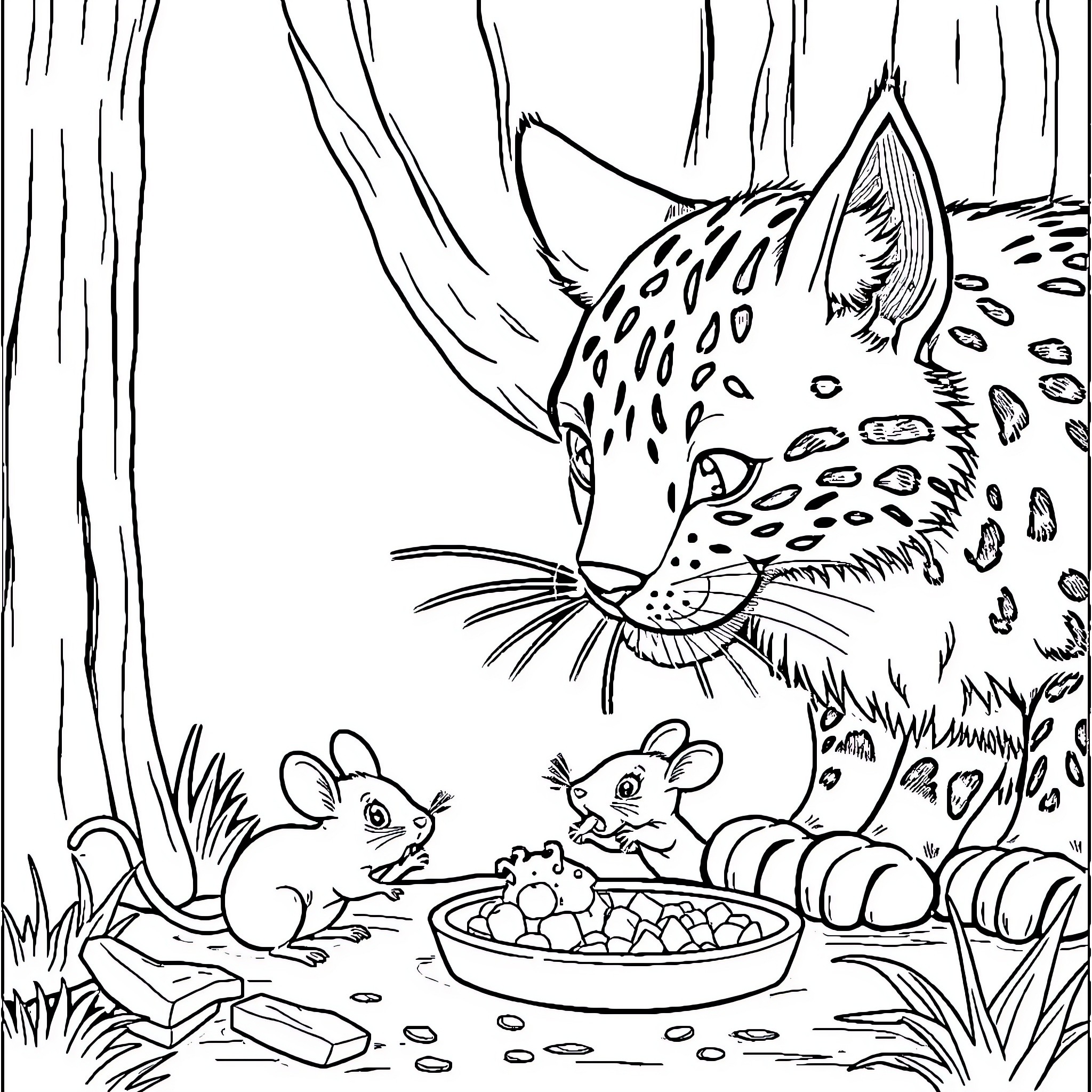 Mouse family sharing a feast in the forest Coloring Page (free black-and-white line drawing printable PDF for all, from beginners to advanced learners, including children, teens, adults, and seniors)